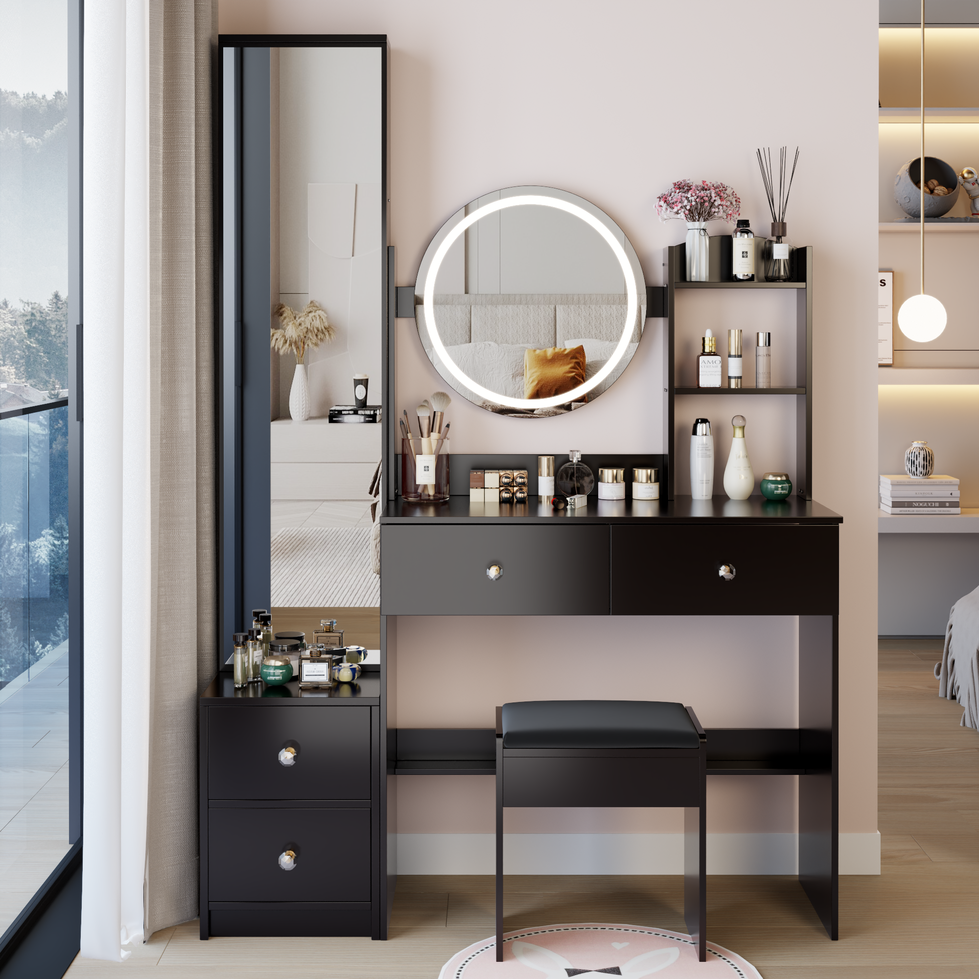 Full Body Mirror Cabinet + Round Mirror LED Vanity Table + Cushioned Stool, 17' diameter LED Mirror, Touch Control, 3-color, Brightness adjustable, Large Desktop, Multi-layer High Capacity Storage