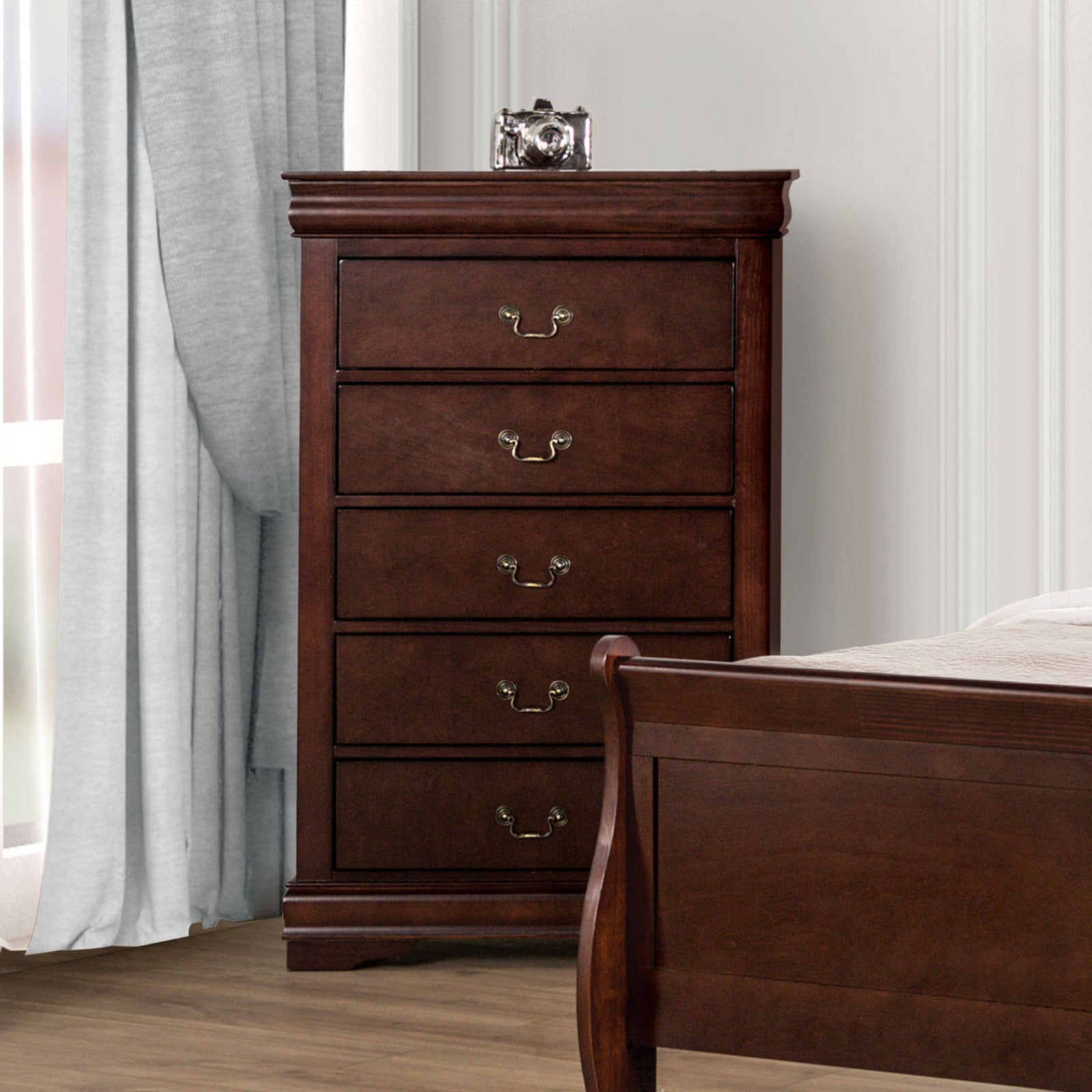 Dark Cherry Finish Transitional Style Chest 1pc Bracket Legs Dust Proof Case Hanging Drawers Pull English Dovetail Drawers Bedroom Furniture