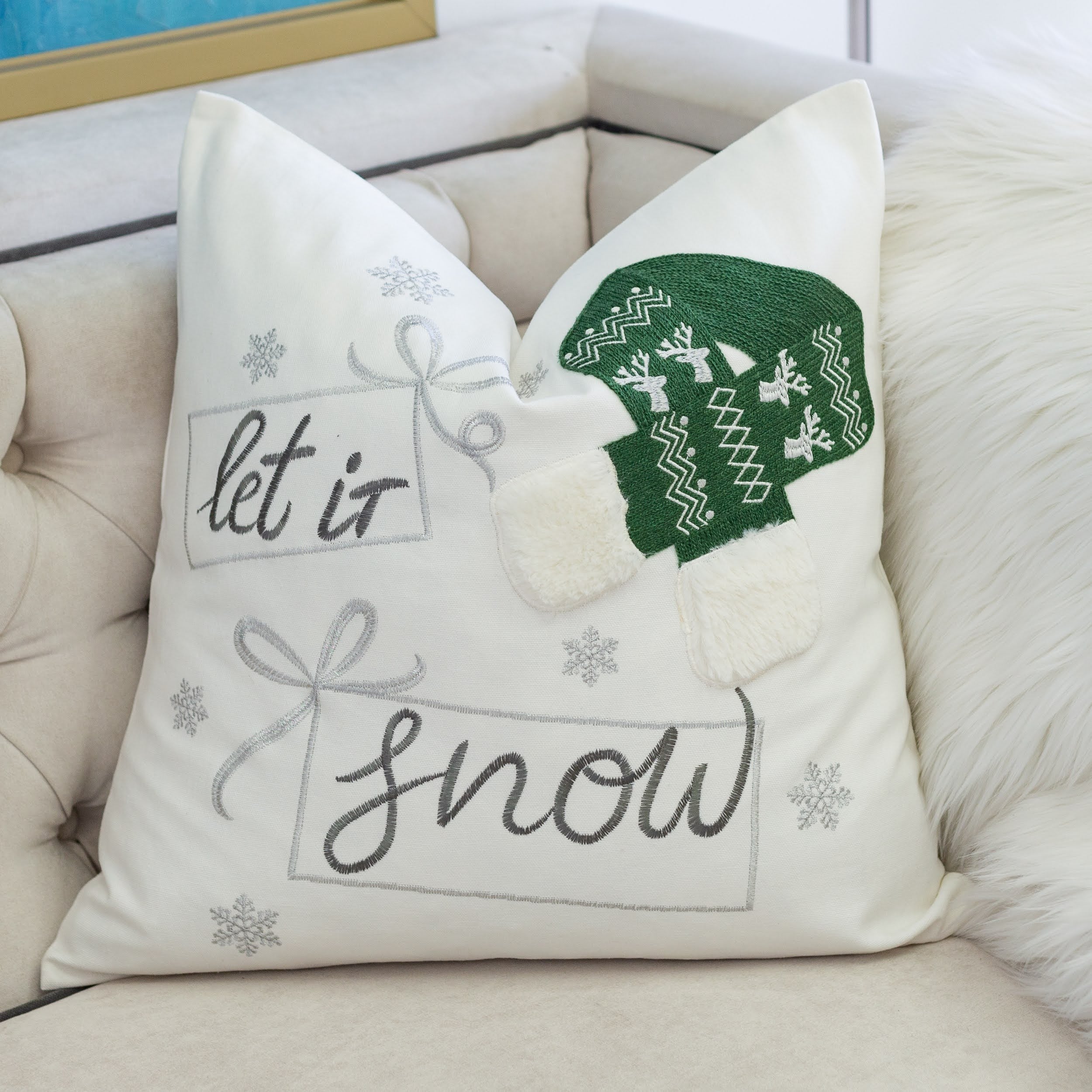 Let It Snow Christmas Throw Pillow – 20x20' Square Cotton Cushion with Green Knit Hat Design and Insert
