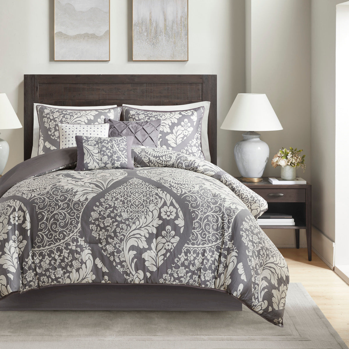 7 Piece Cotton Printed Comforter Set Grey King