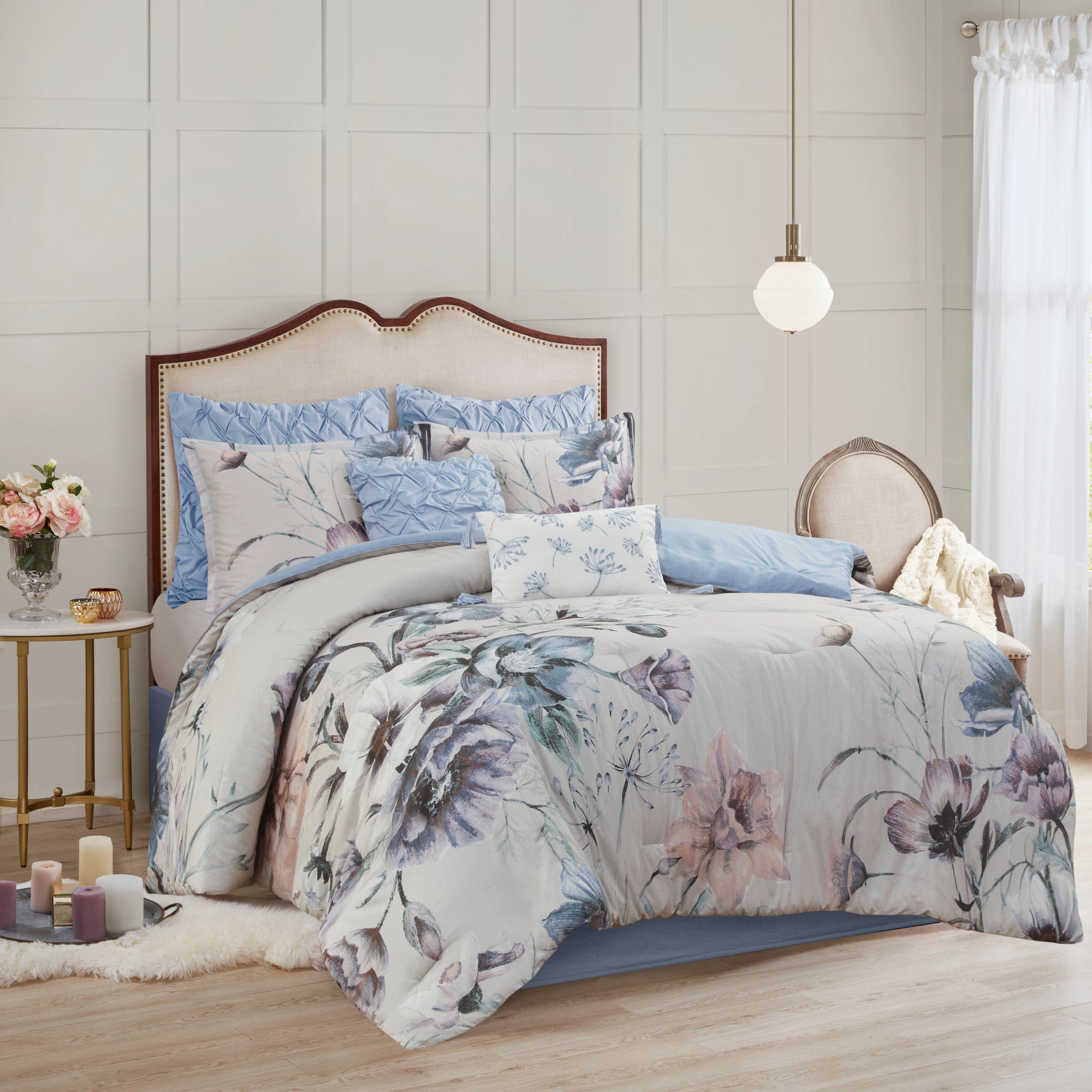 8 Piece Cotton Printed Comforter Set Blue Queen