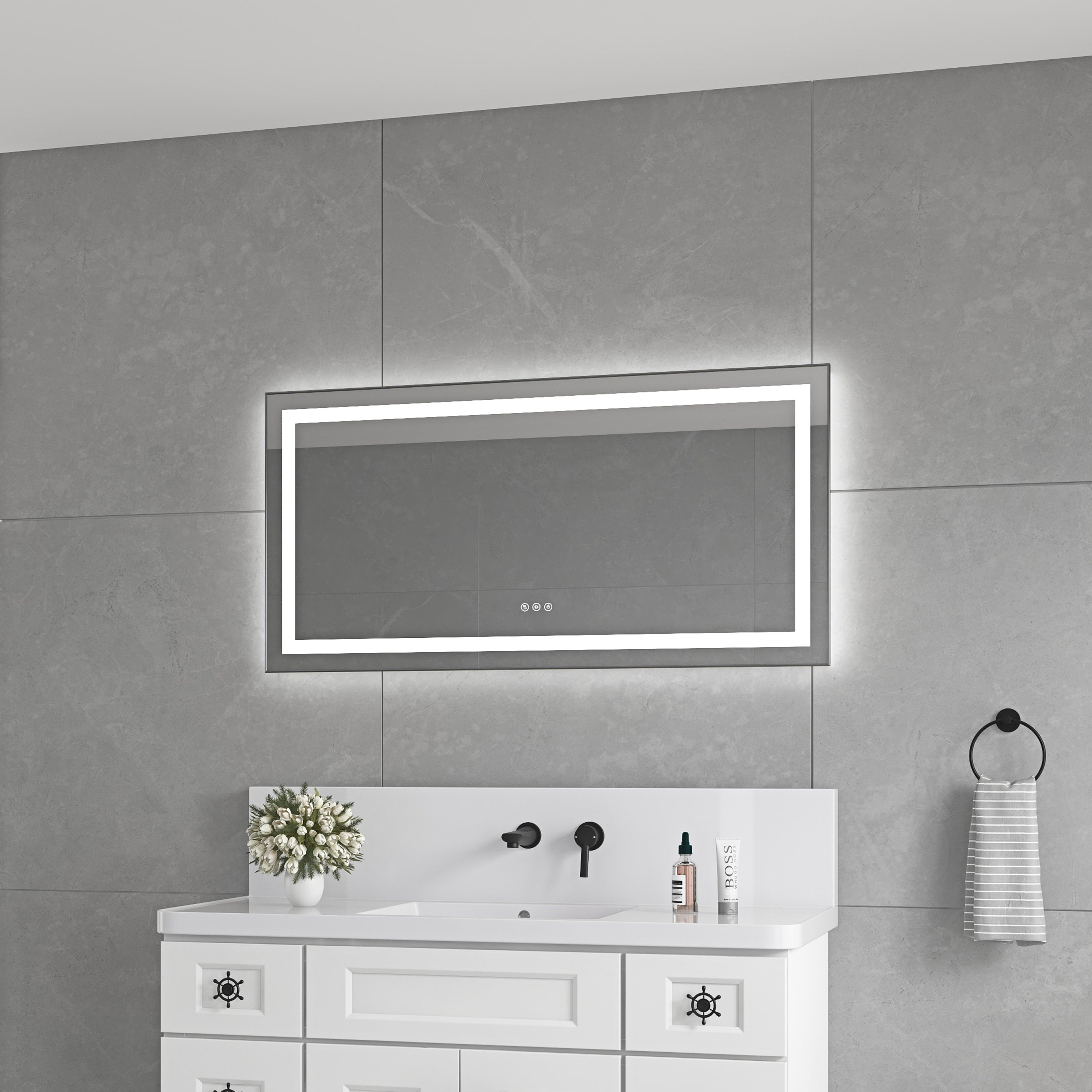 48' x 24' LED Bathroom Mirror with Front and Backlight, Wall Mounted Vanity Mirror with Aluminum Frame, Anti-Fog, Memory, 3 Colors, Stepless Dimmable