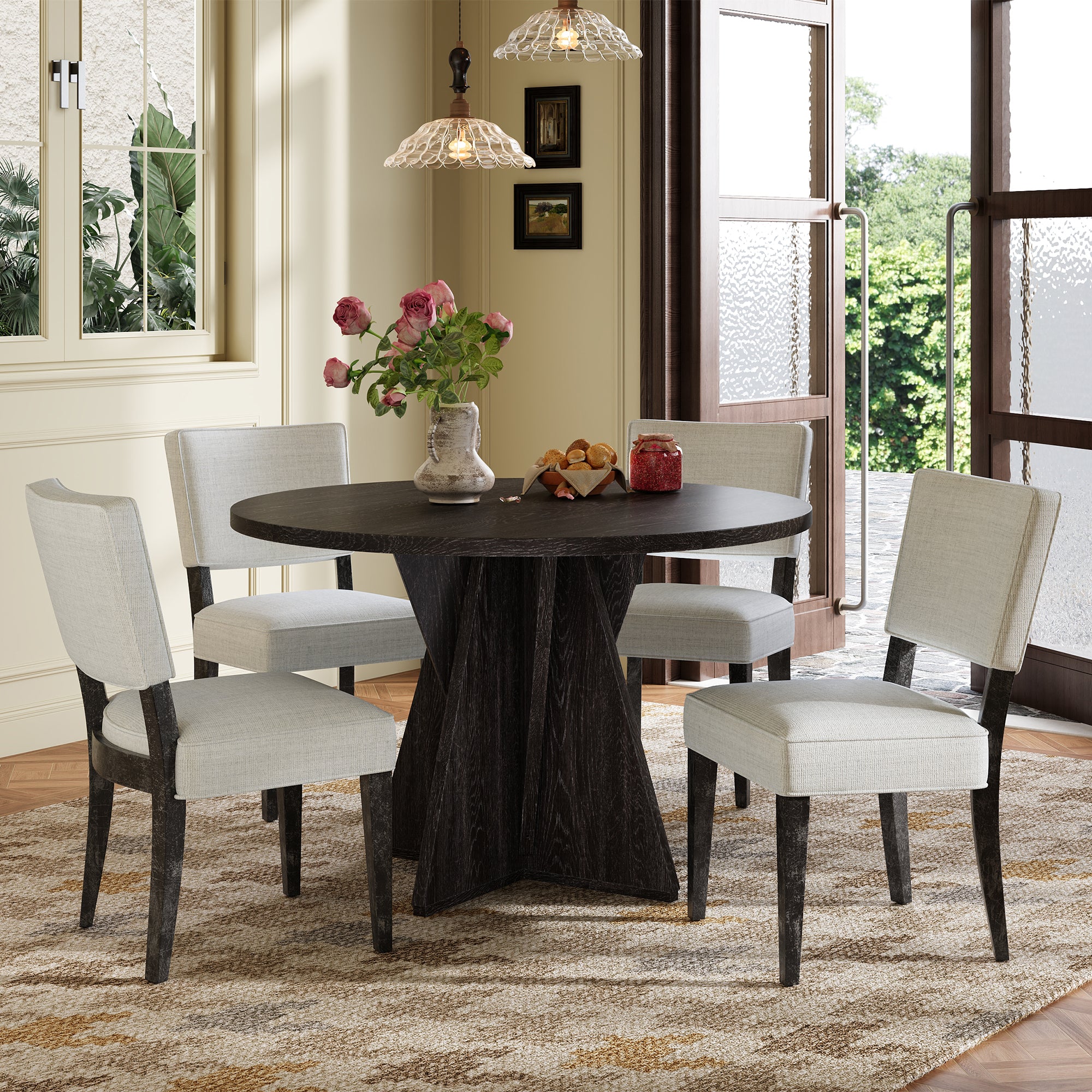 TREXM 5-Piece Round Dining Table Set for 4, Retro Kitchen Table and Chairs Set of 4 with Designed Base, Wood Dining Table with 4 Upholstered Chairs for Small Space and Dining Room (Espresso)
