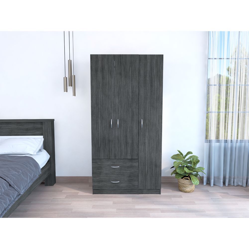 Austral 3 Door Armoire with Two Drawers, Shelves, and Hanging Rod - Smokey Oak . White