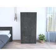 Austral 3 Door Armoire with Two Drawers, Shelves, and Hanging Rod - Smokey Oak . White