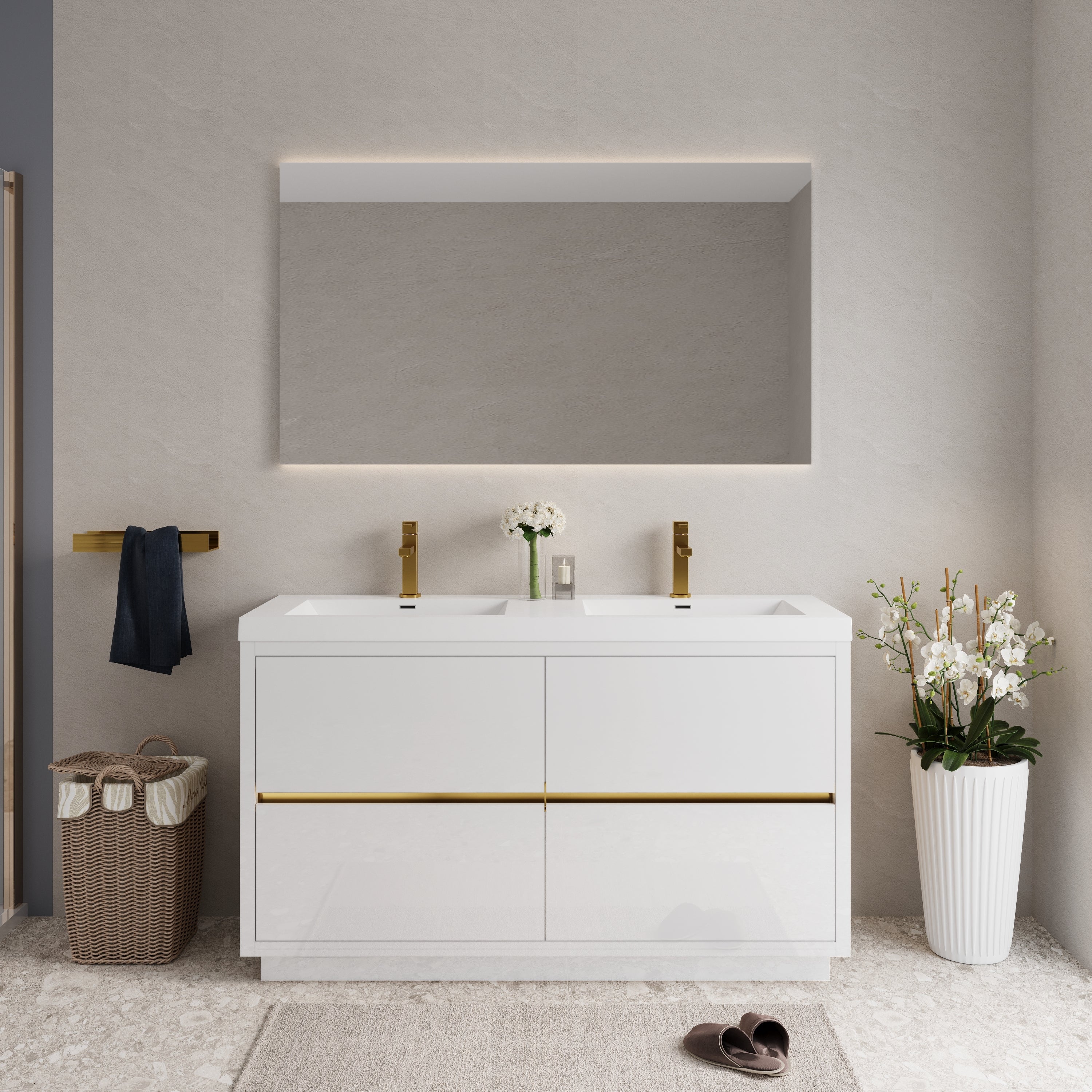 60' Freestanding Bathroom Vanity with Sink, Bathroom Storage Vanity Cabinet with Stone Resin Countertop and Soft Close Drawers, Glossy White 24V14-60DGW