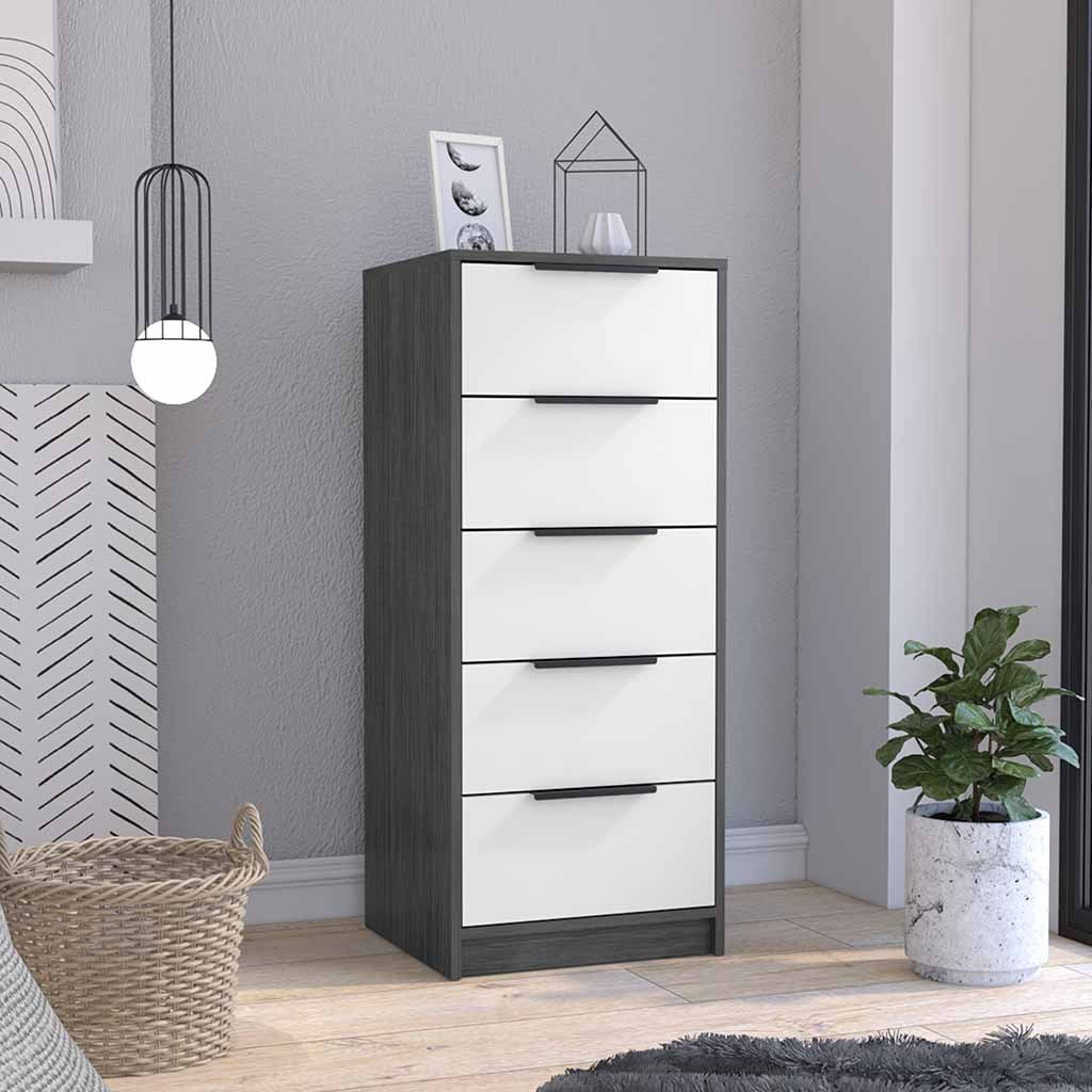 Dresser 42'H, 5 Drawer, Vertical Dresser, White / Smokey Oak