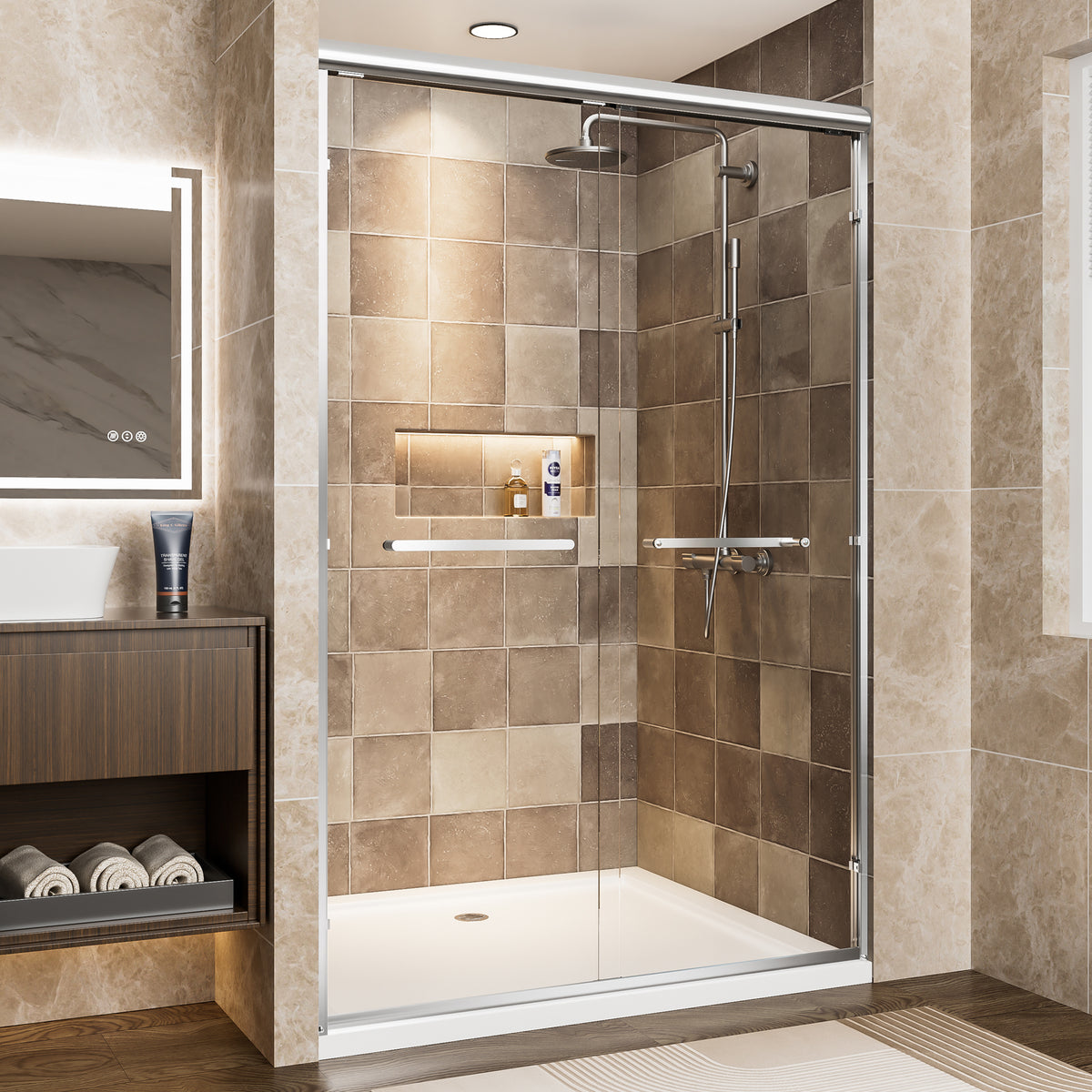 44'-48' W x 72' H Chrome Aluminum Frame Double Sliding Shower Door, 1/4' (6mm) Clear Tempered Glass With Explosion-proof Film, Dual Stainless Steel Handles