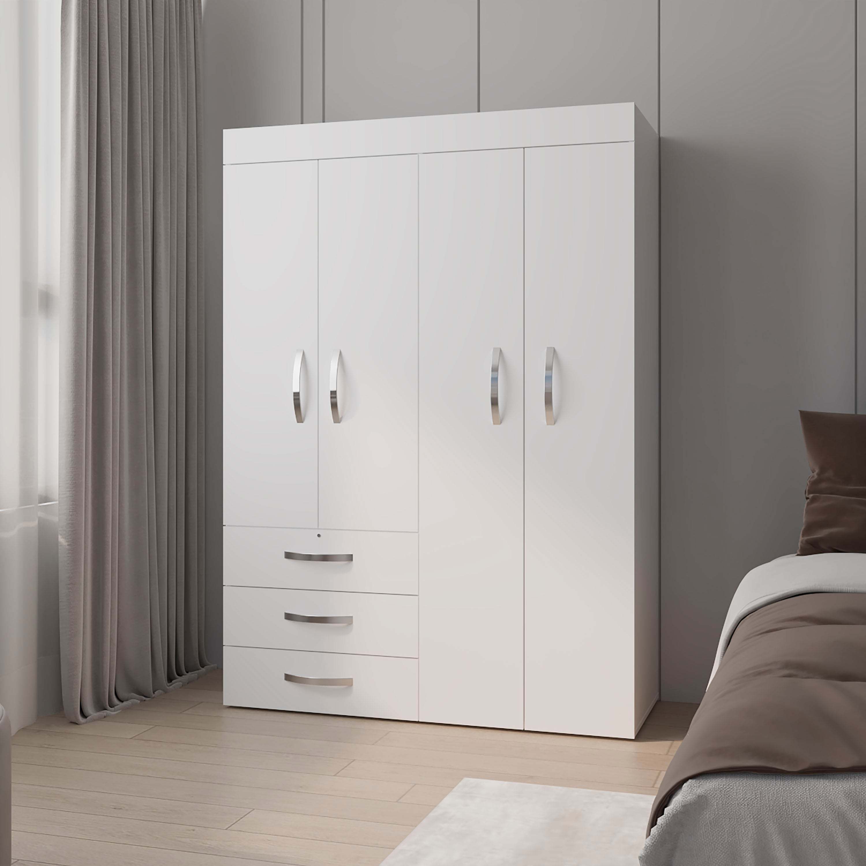 White 4-Door Wardrobe with Drawers and Shelf