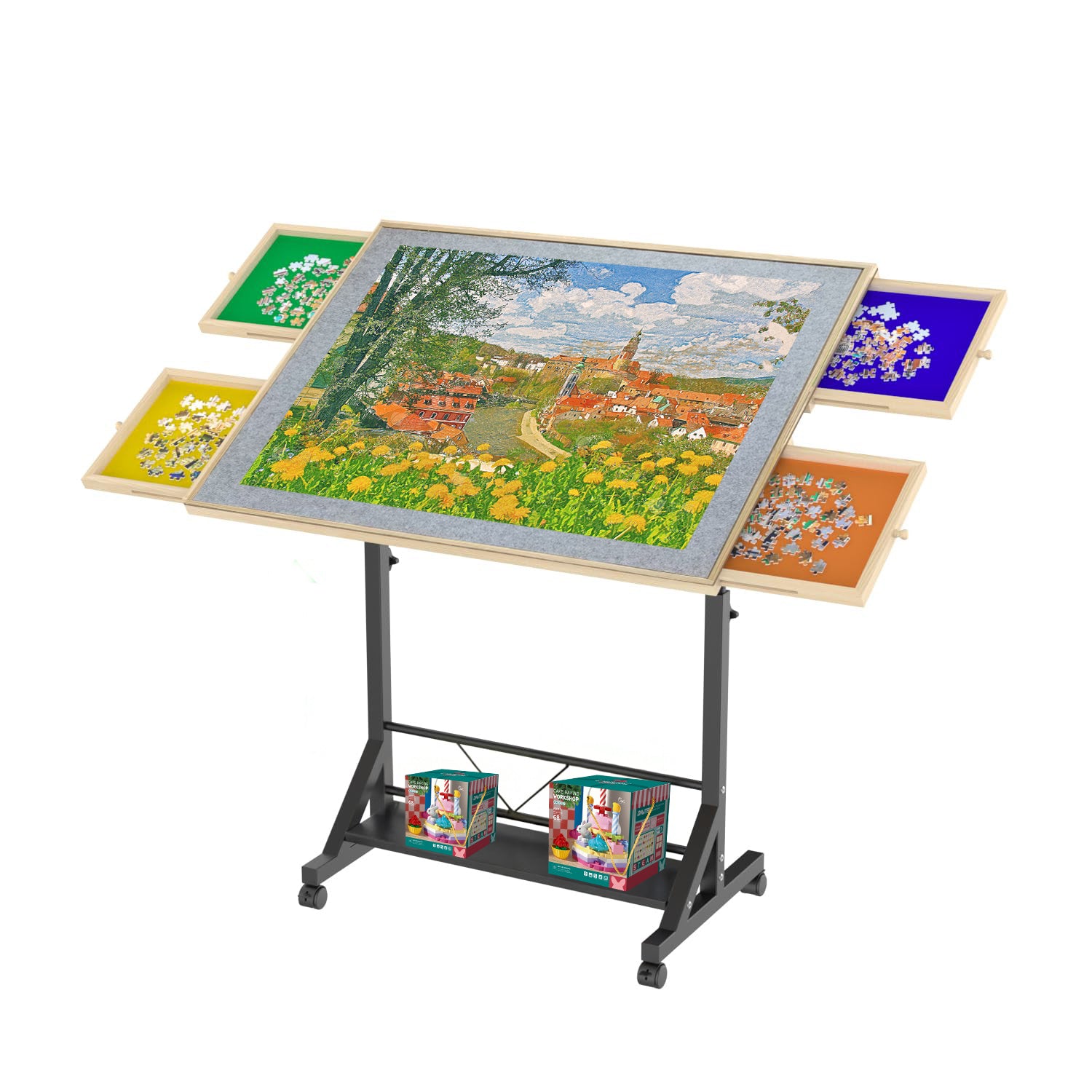 360-degree Tilting Wooden Puzzle Table with 1500 Pieces, Rolling Design with Adjustable Height, Drawer, and Protective Cover
