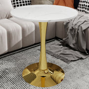27.6-inch gold coffee table, mid-century modern style dining table, accommodates 2-4 people, featuring a round white-veined marble tabletop, suitable for various settings.