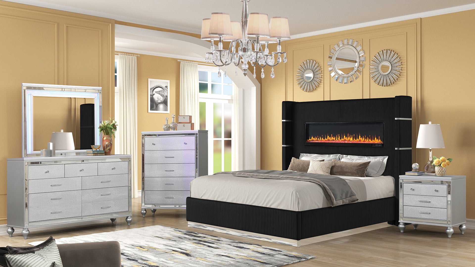 LIZZELLE Upholstery Wooden King 5 PC Bedroom set with Ambient lighting in Black Velvet Finish(CA INVENTORY)