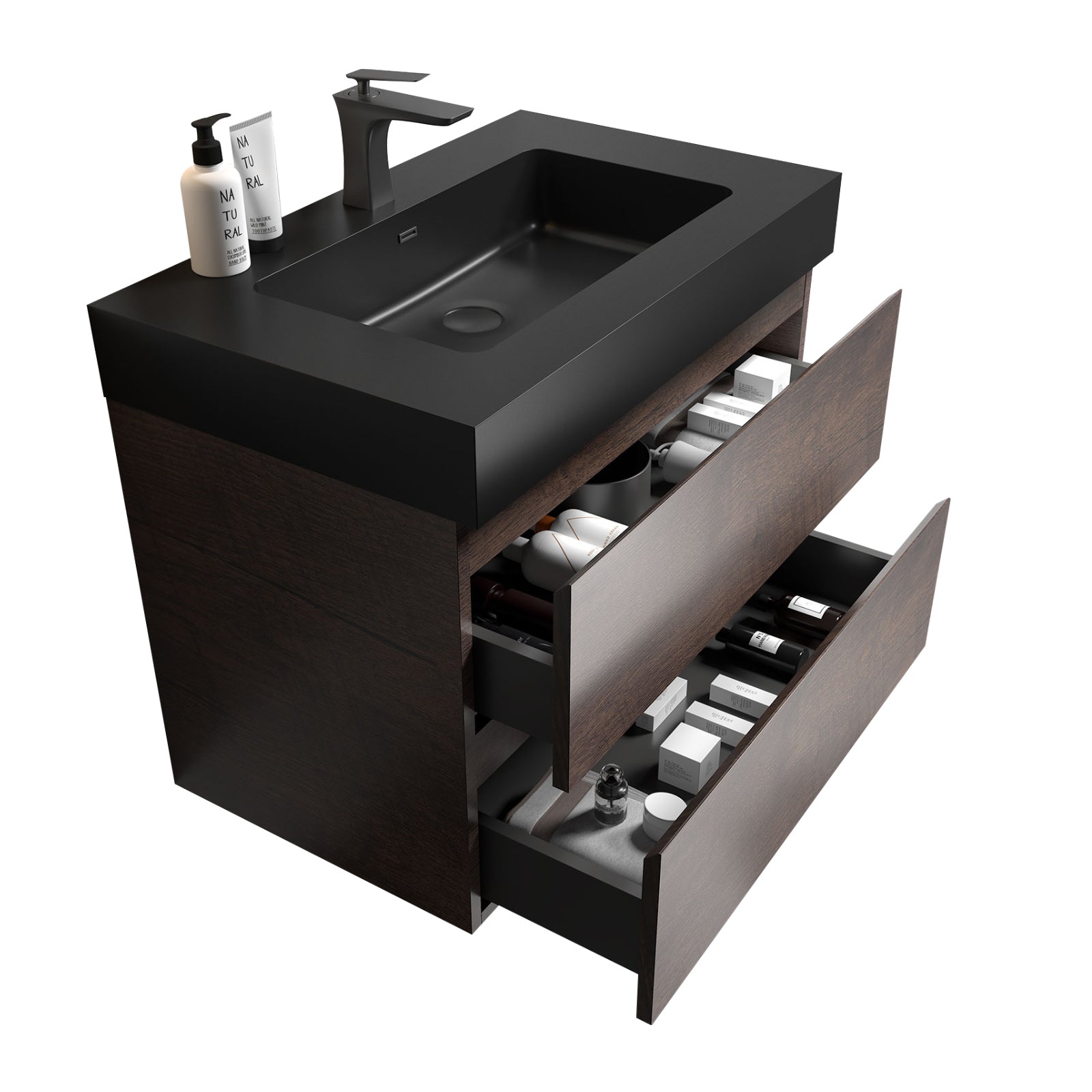 Alice 30' Walnut Bathroom Vanity with Sink, Large Storage Wall Mounted Floating Vanity, Black Basin, Pre-assembled