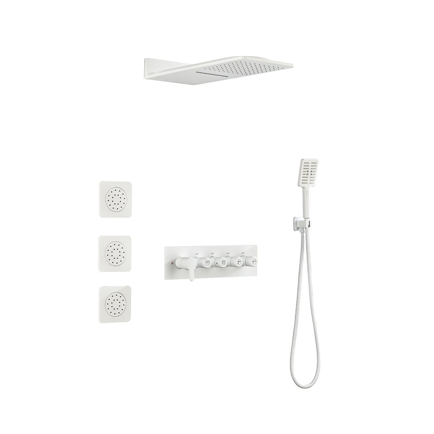 Wall Mounted Waterfall Rain Shower System With 3 Body Sprays & Handheld Shower