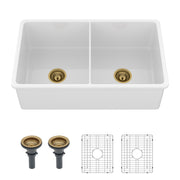 32' Undermount Double Bowl Porcelain Ceramic Kitchen Sink - White Rectangular Deep Dual Basin with Stainless Steel Grids
