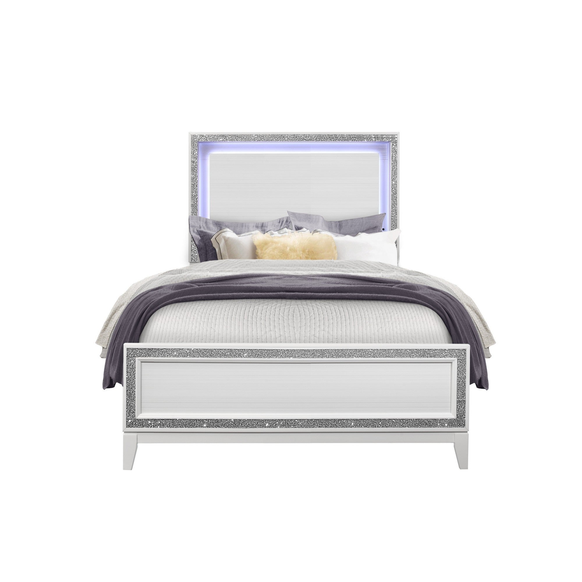 ALMERA White 5PC Full Bedroom Set with LED Lit Headboard and Glitter Detailing, Rubber Wood