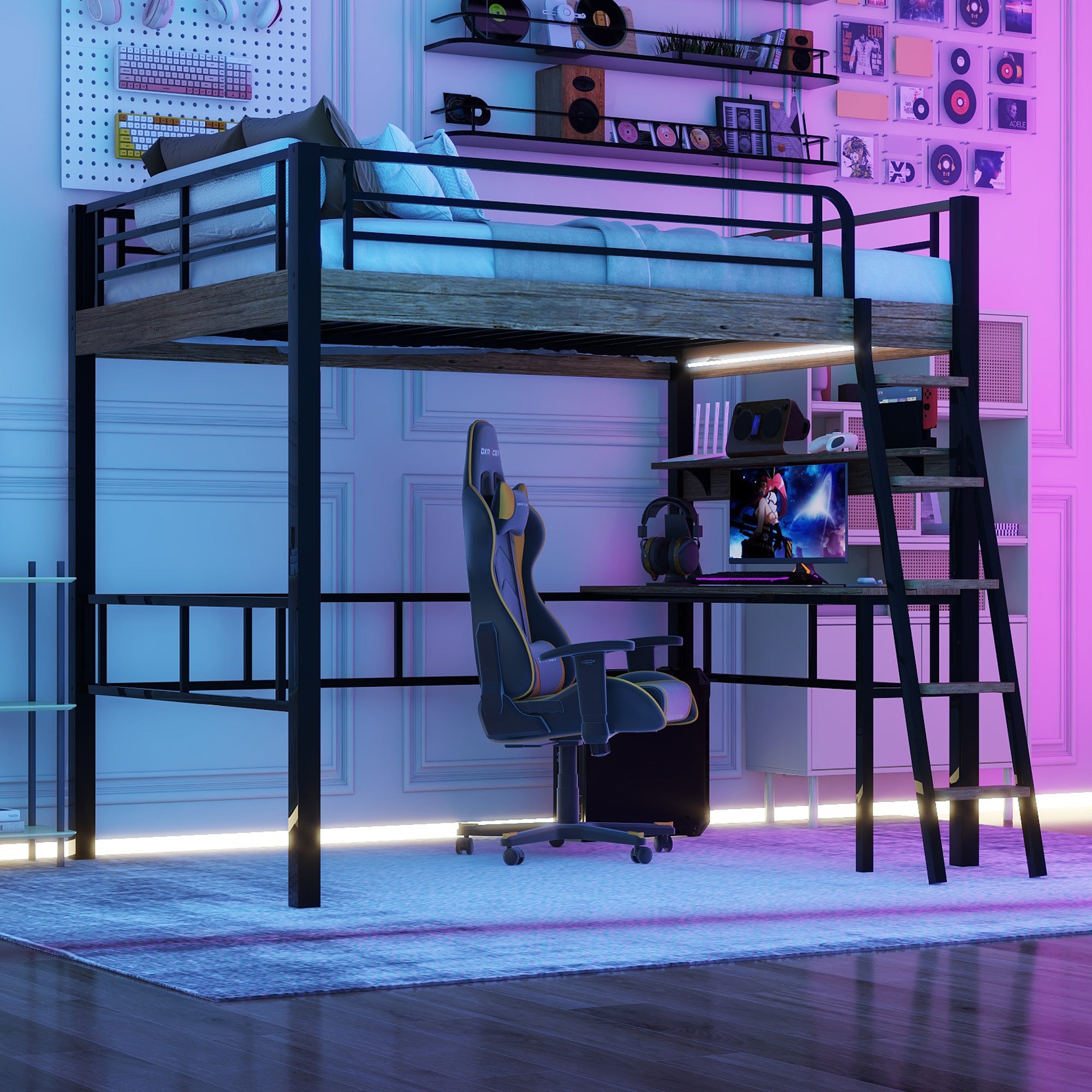 Metal Full Size Loft Bed with LED, Built-in Desk, Storage Shelf and Ladder, Black