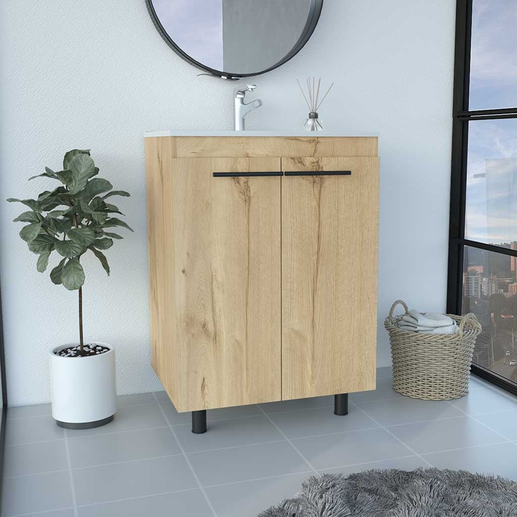 Free Standing Sink Cabinet, Four Legs, Double Door Cabinet, Two Shelves, Light Oak