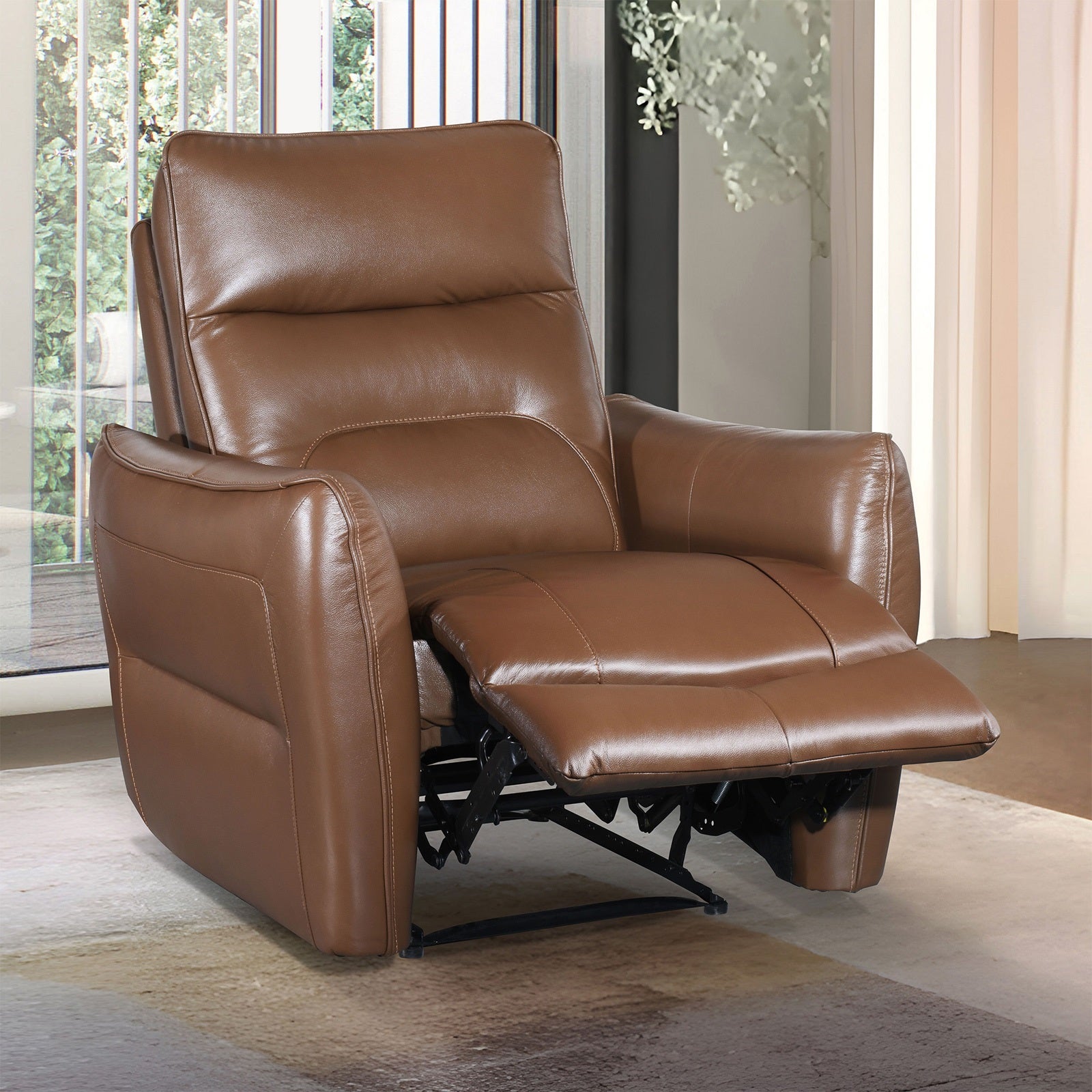 Contemporary Style Caramel Brown Finish Power Recliner Flare Welt Trim Arms Single Power Primary Living Room