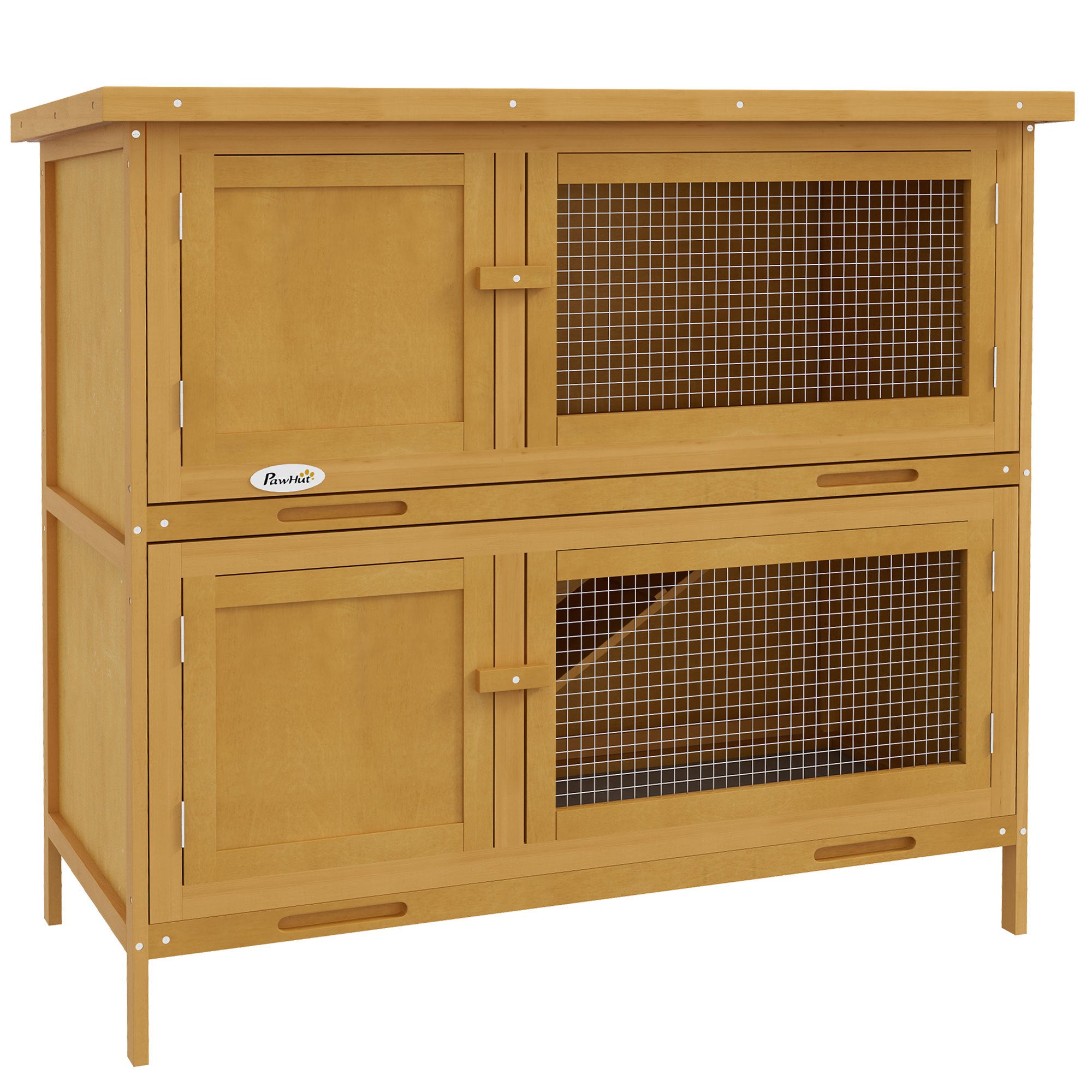 PawHut Wooden Bunny Rabbit Hutch, Small Animal Habitat with Ramp, Removable Tray & Weatherproof Roof, Indoor/Outdoor, Yellow