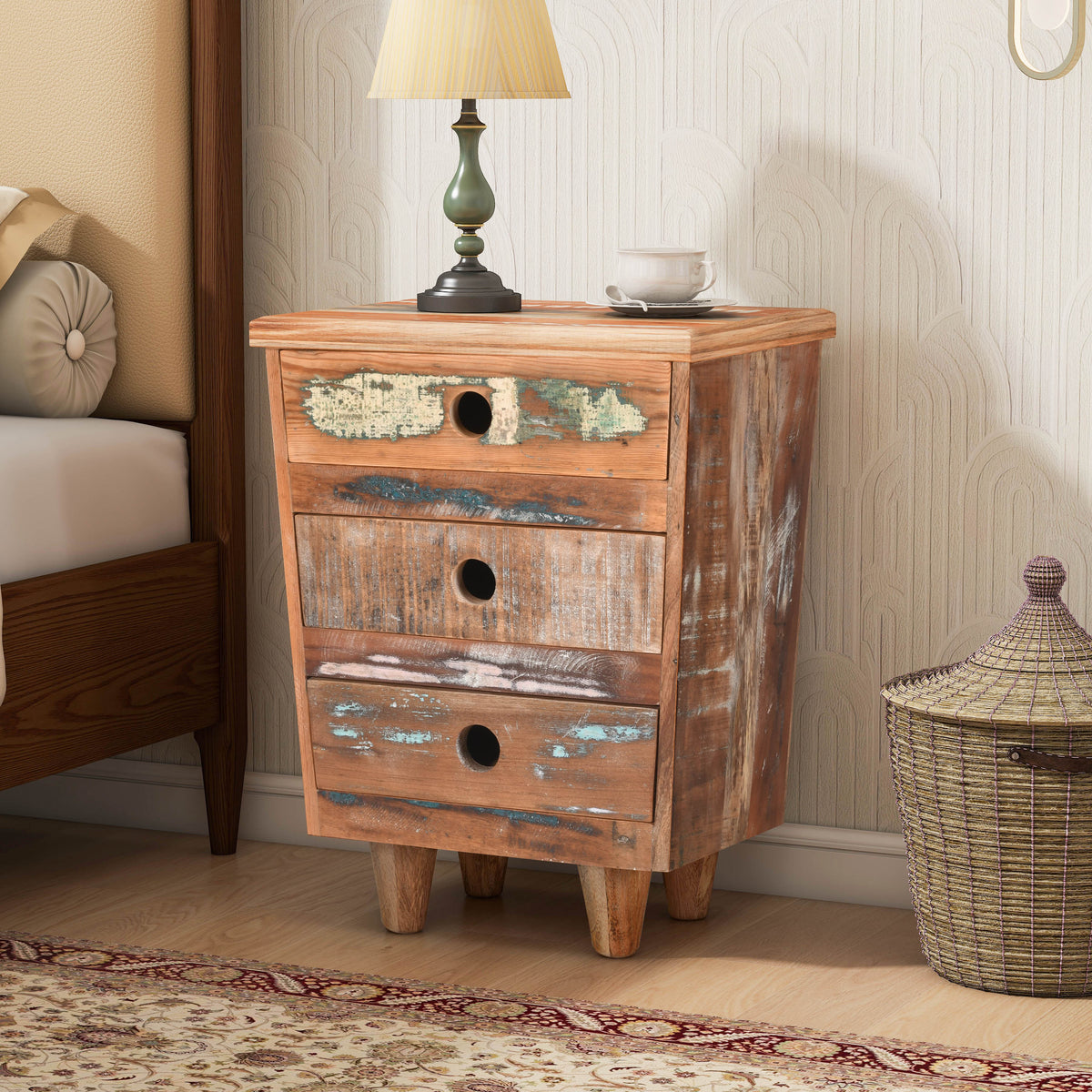 End Table Recycled Wood Nightstand, Side Table with 3 Drawers,  Vintage Natural Bedside Table for Bedroom Living Room