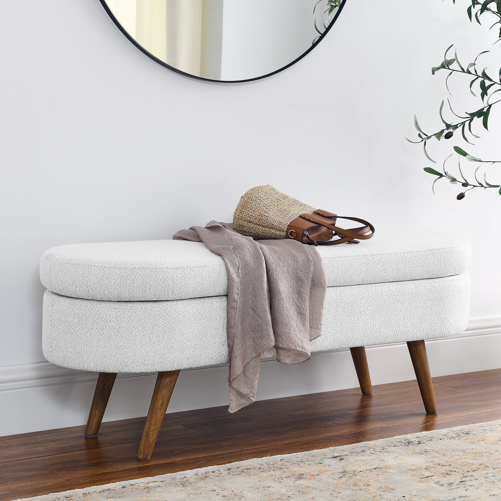 Ottoman Oval Storage Bench,Rubber Wood Legs,White(43.5'x16'x16')