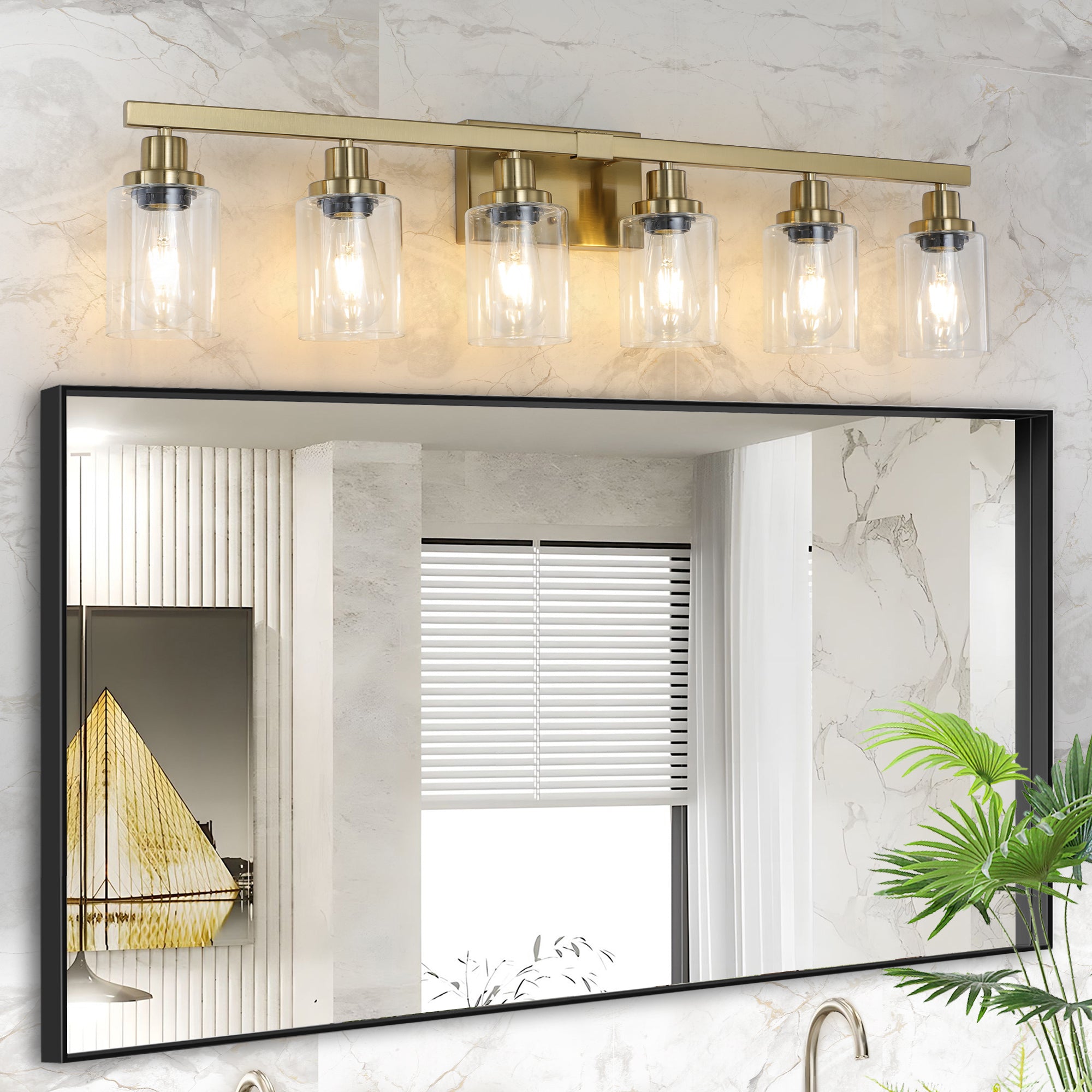 37' Golden 6-Light Vanity Light with Clear Glass Shades, Modern Iron Metal Bathroom Wall Fixture for Mirror, Ideal for Bathroom and Dressing Table (No Bulbs)
