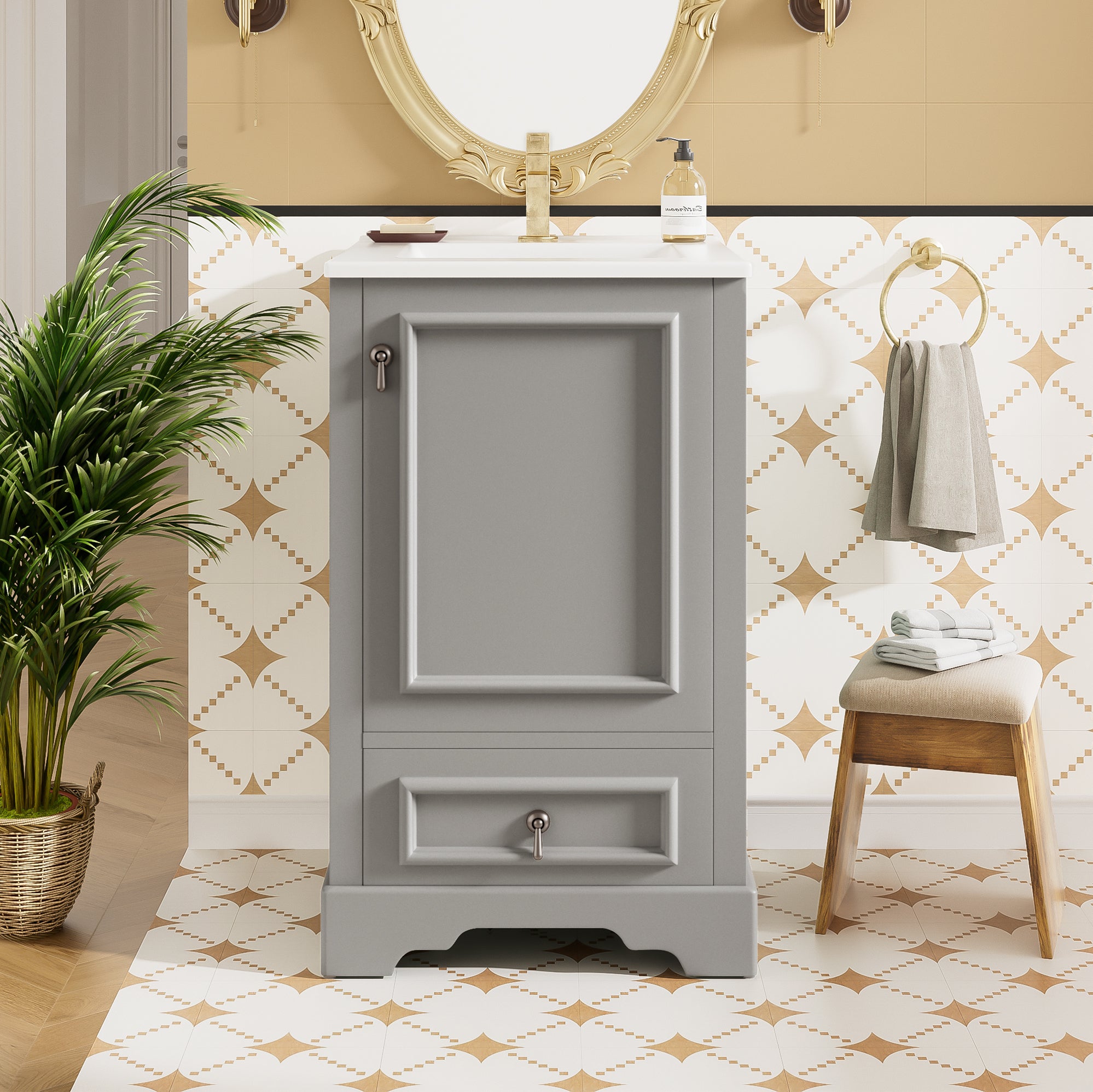 20 Inch Bathroom Vanity with Ceramic Sink, Soft Close Door, Adjustable U-Shaped Shelf, Compartment Drawer and Door Storage Rack, Modern Style, Space-Saving Design