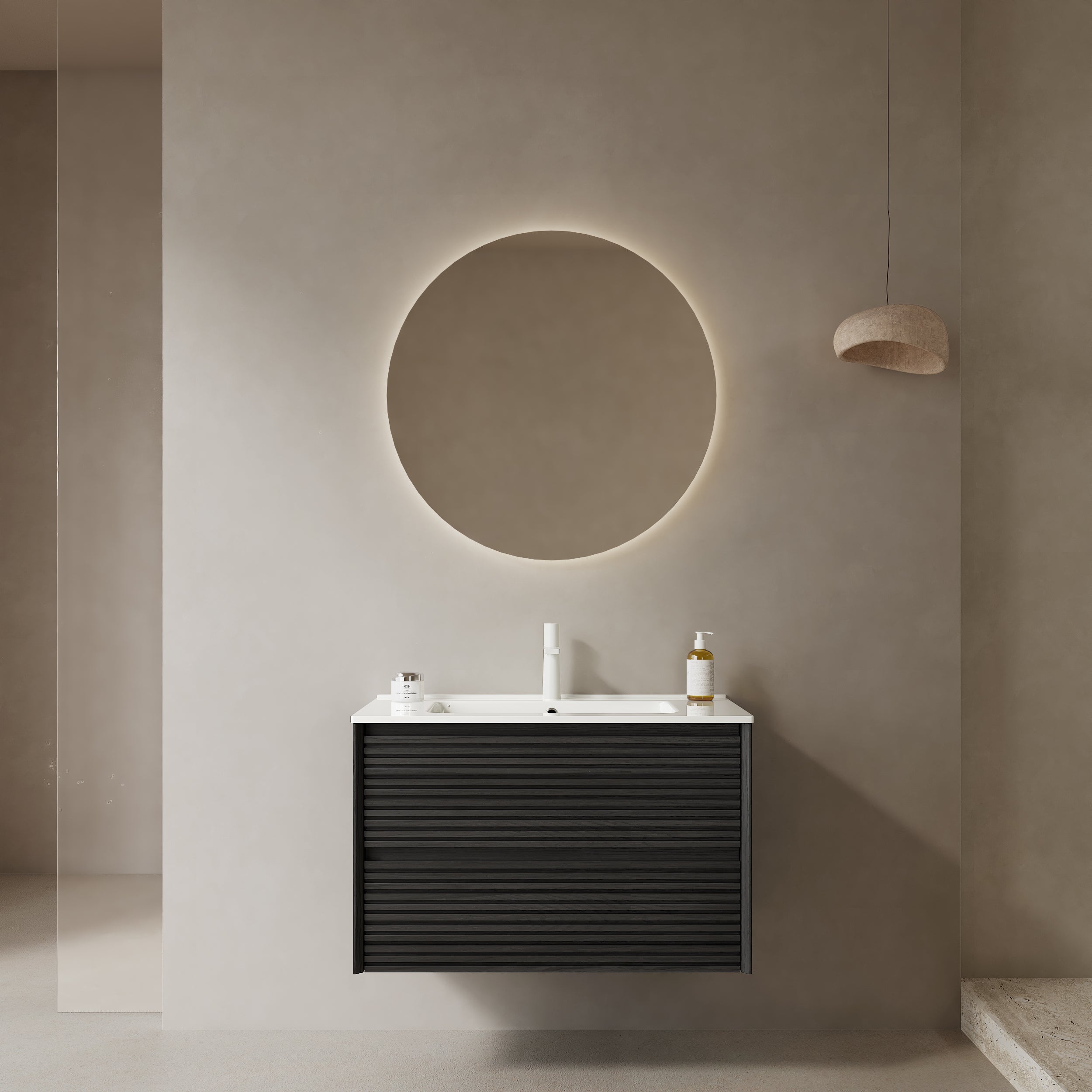 BRON 30' Bathroom Vanity with Sink, Wall-Mounted Floating Plywood Bathroom Storage Cabinet with 2 Drawers, White Ceramic Basin, Pre-assembled, Dark Oak Woodgrain Color