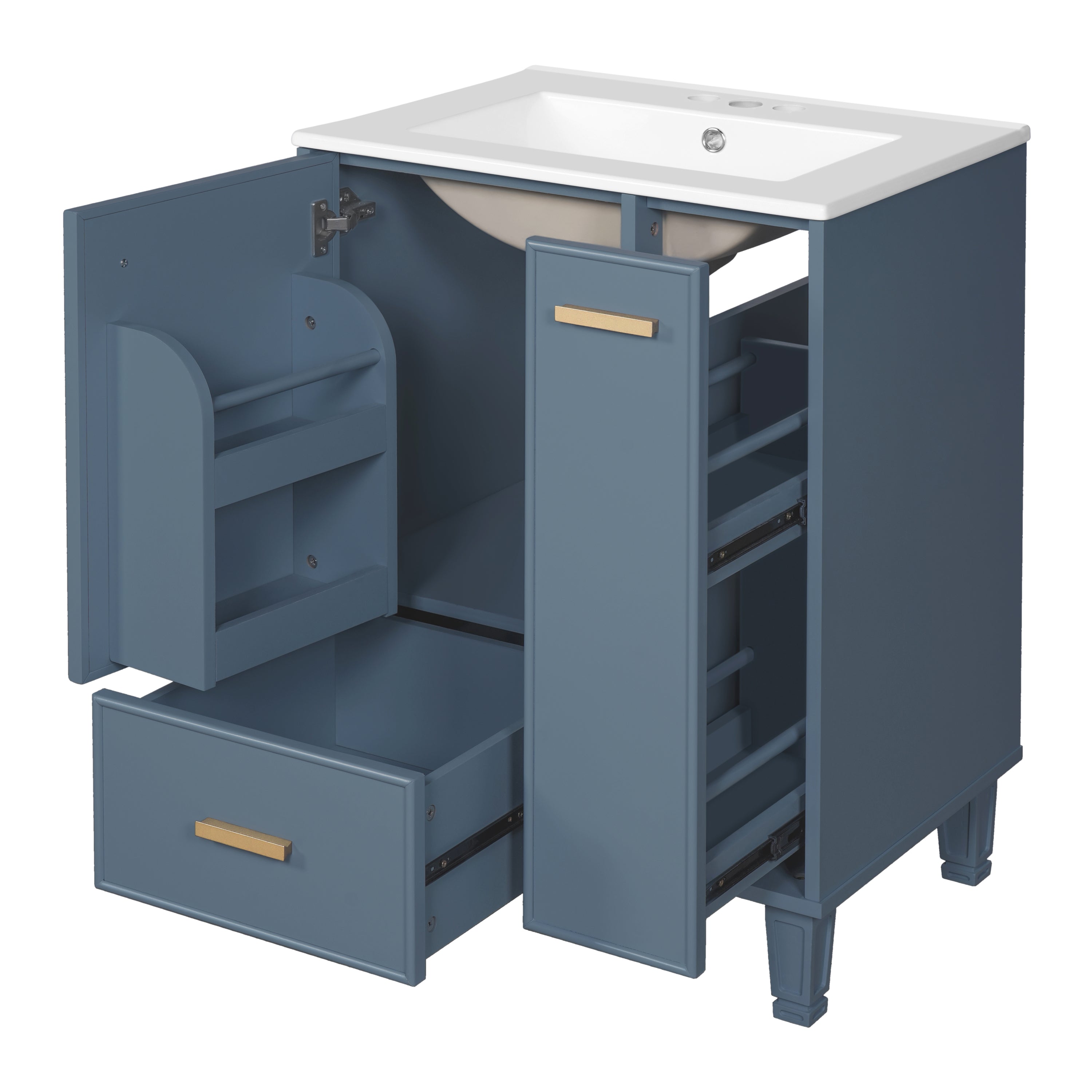 24' Bathroom Vanity with Sink, Solid Wood Frame and MDF Board, Ceramic Undermount Sink, 1 Door, 2 Drawers, 2-Tier Pull-Out Basket, Grey