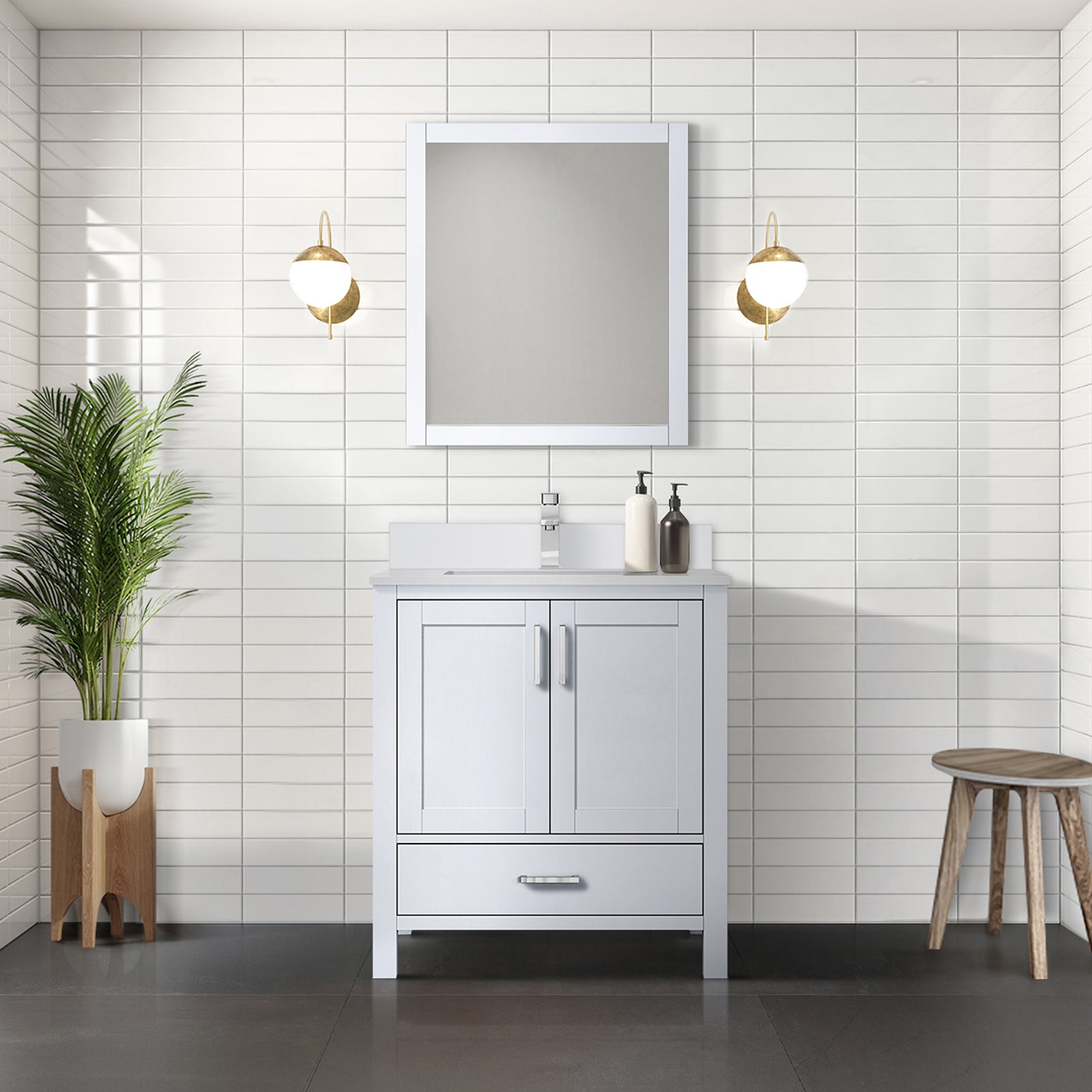 White Bath Vanity 30 in. W x 22 in. D, White Quartz Top, and Faucet Set