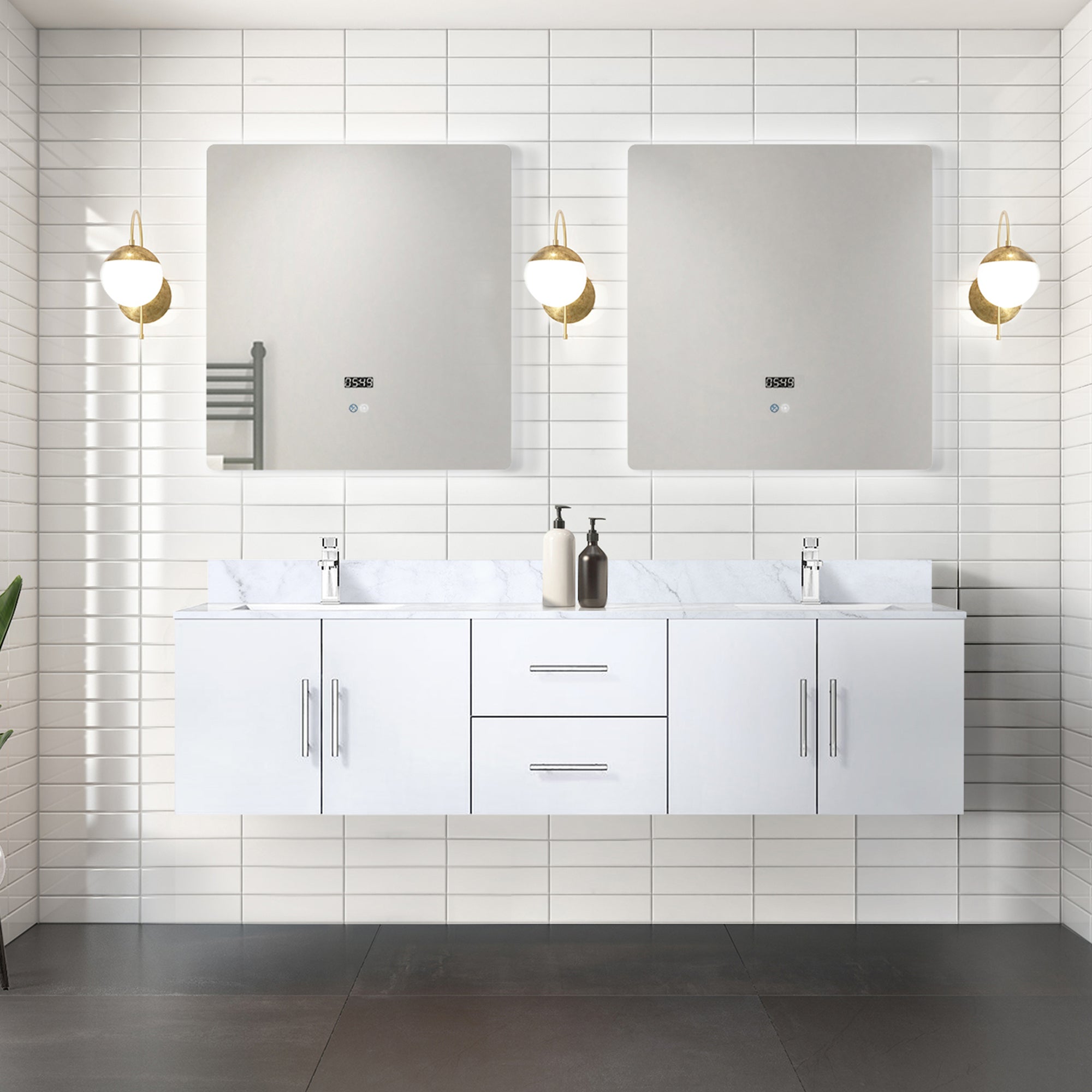 Glossy White Double Bath Vanity 72 in. W x 22 in. D, with Carrara Marble Top