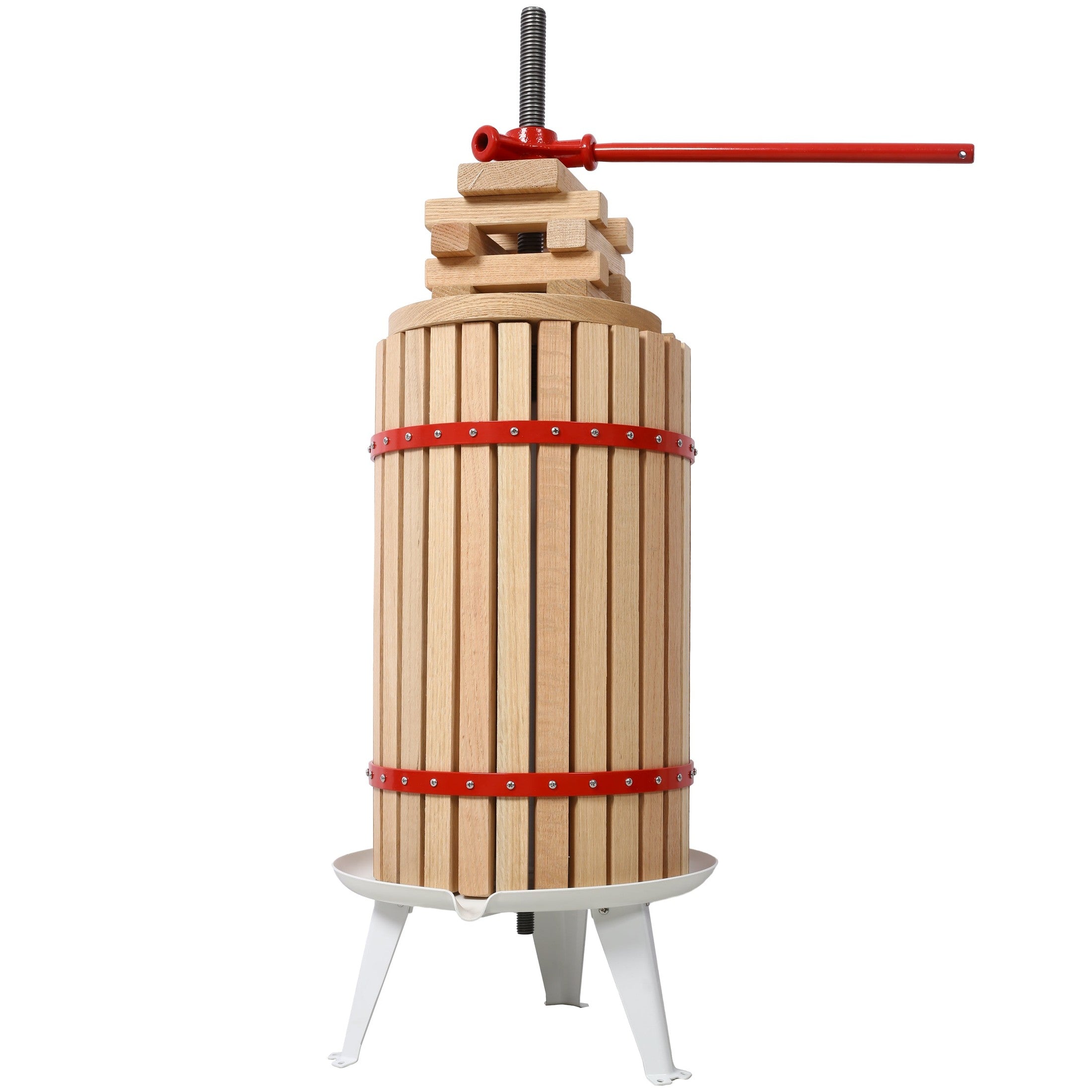 Solid Wood Fruit Wine Press Manual Juice Maker with Red Steel Frame for Apple, Grape, and Berries - 7.9 Gallon