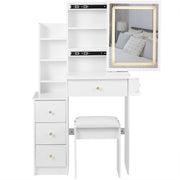 29.2' Small Size Left Bedside Cabinet Vanity Table + Cushioned Stool, 2 AC+2 USB Power Station, Hair dryer bracket, Extra Large Touch Control Sliding LED Mirror, Tri-color Switching, Brightness Adjust