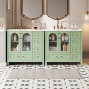 72' Bathroom Cabinet with Waffle Texture Doors, Large Bathroom Vanity with Eight Drawers, Four Soft-Closing Doors and Double Sink Top, Bathroom Storage with Glass Doors