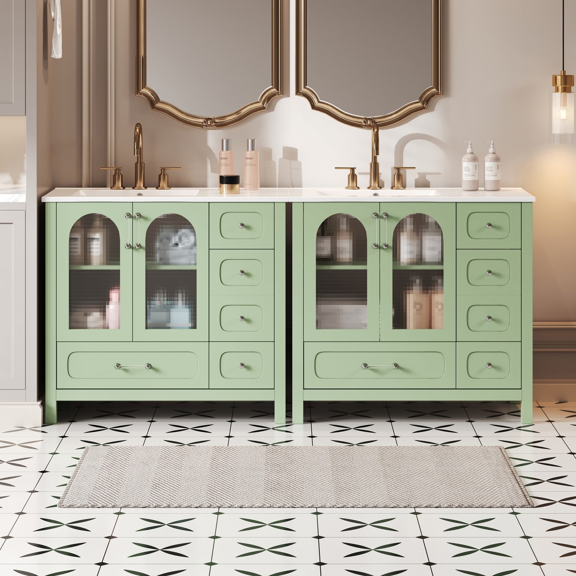 72' Bathroom Cabinet with Waffle Texture Doors, Large Bathroom Vanity with Eight Drawers, Four Soft-Closing Doors and Double Sink Top, Bathroom Storage with Glass Doors