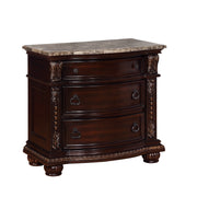 1pc Marble Top Three Drawers Nightstand Intricate Moldings Beautifully Curved Silhouette Brown Dark Cherry Finish Bedroom Solid Wood Furniture