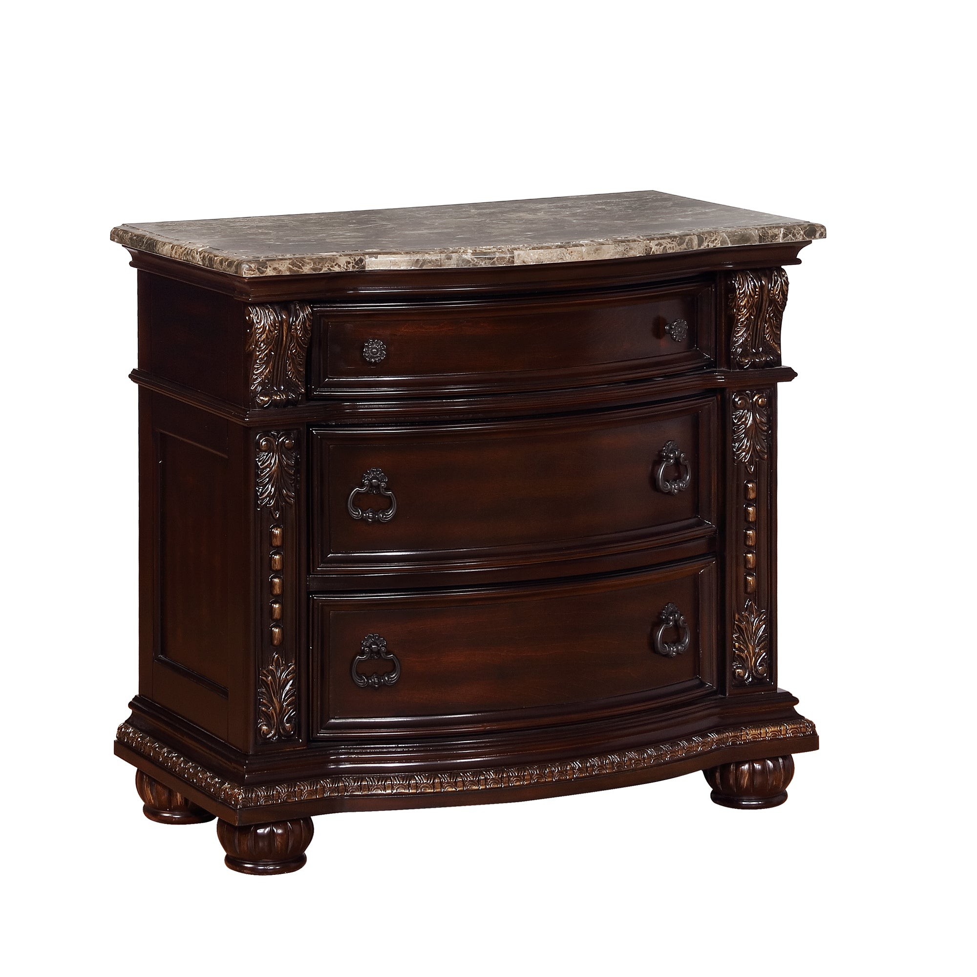1pc Marble Top Three Drawers Nightstand Intricate Moldings Beautifully Curved Silhouette Brown Dark Cherry Finish Bedroom Solid Wood Furniture