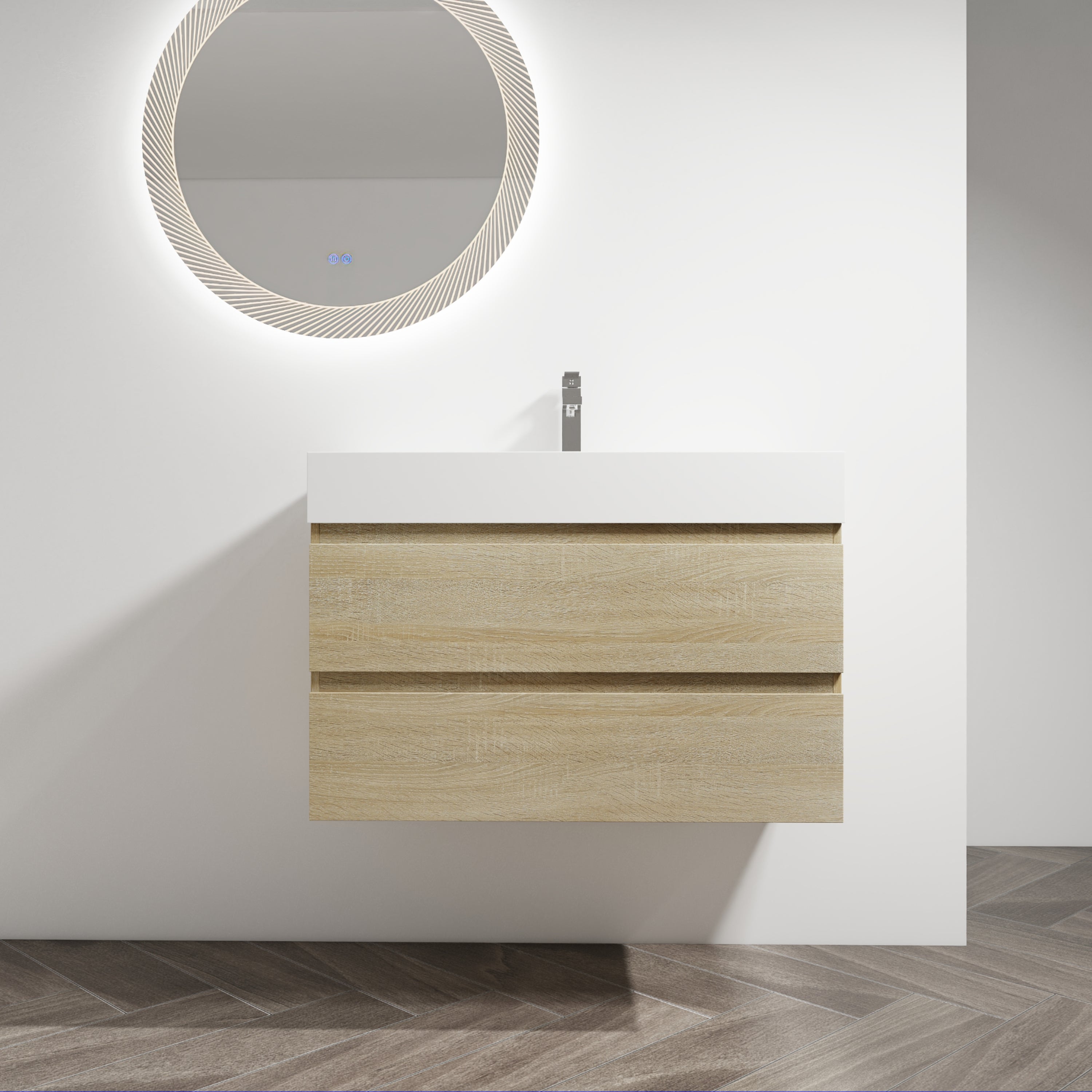 36' Wall-Mounted Bathroom Vanity With Resin Sink, 2-Soft Close Drawers, KD-Package
