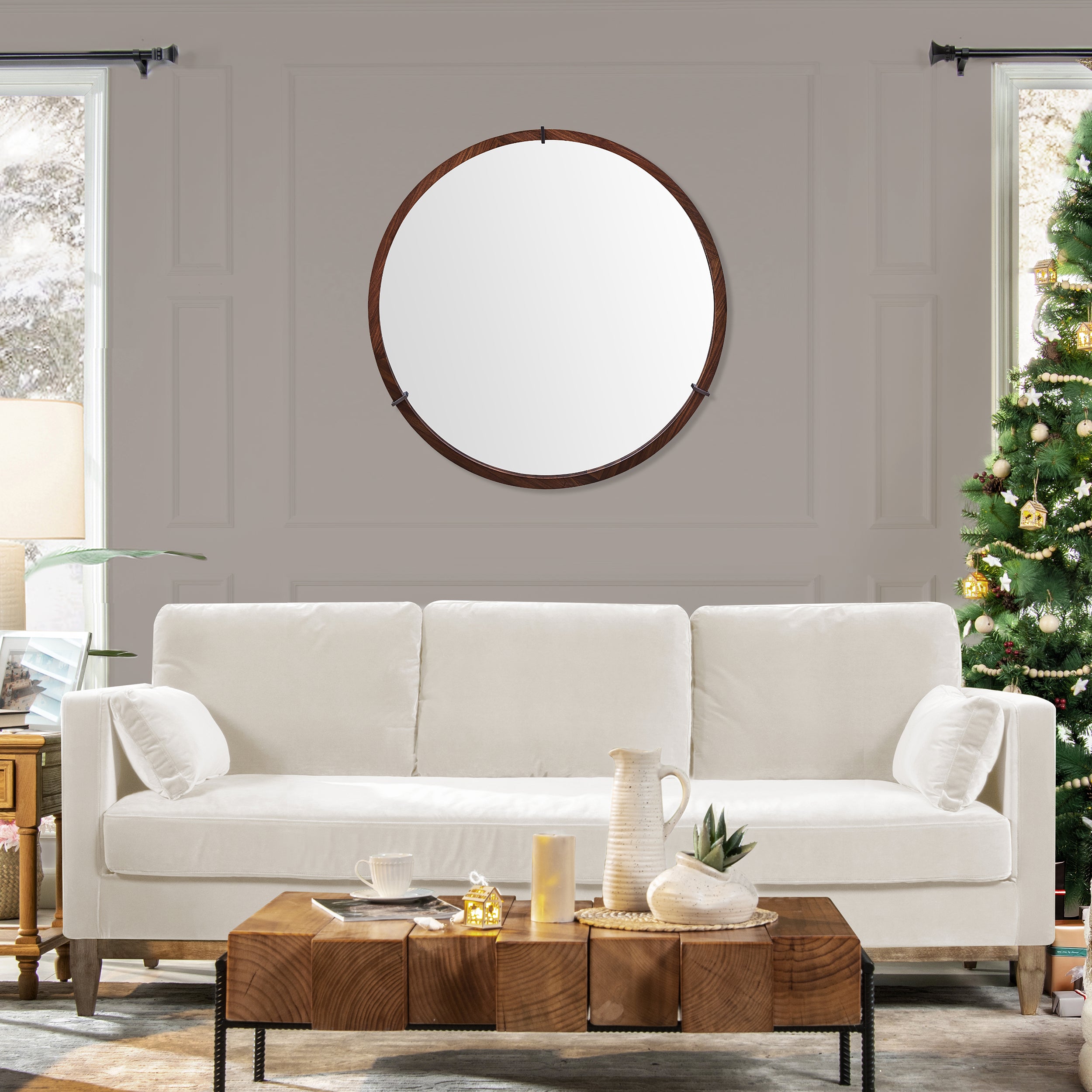 Hausen 31.5' Mid-Century Modern Round Accent Wall Mirror, Brown Walnut Wood & Veneer