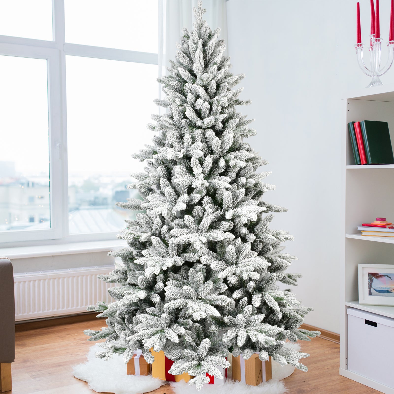 7ft Flocked Christmas Tree with 1514 Tips, Realistic PE+PVC Snowy Hinged Tree with Metal Stand, Full Artificial Xmas Tree for  Holiday Decoration