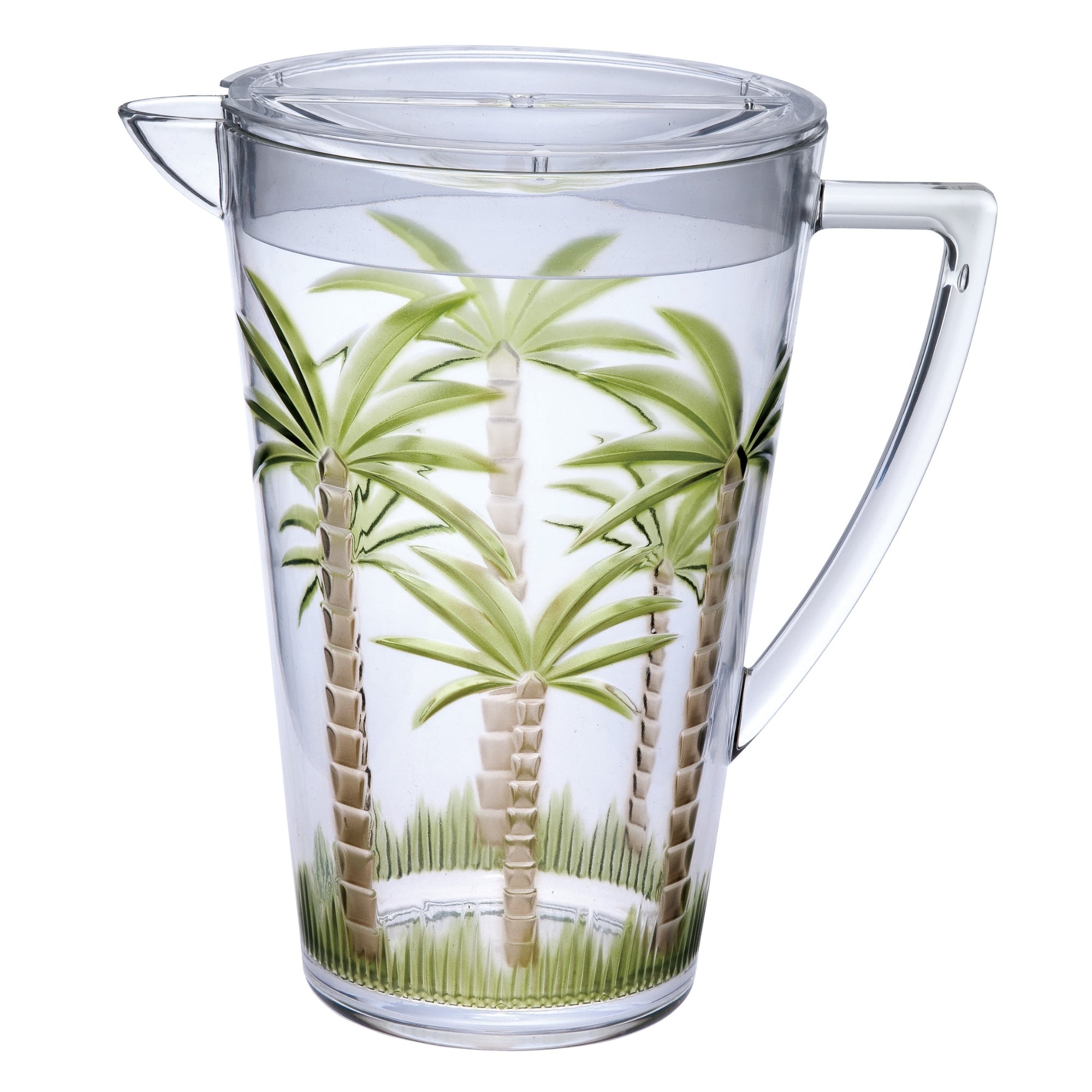 Unbreakable Plastic Water Pitcher with Lid, Palm Tree Design, Clear Acrylic, 2.75 Quarts