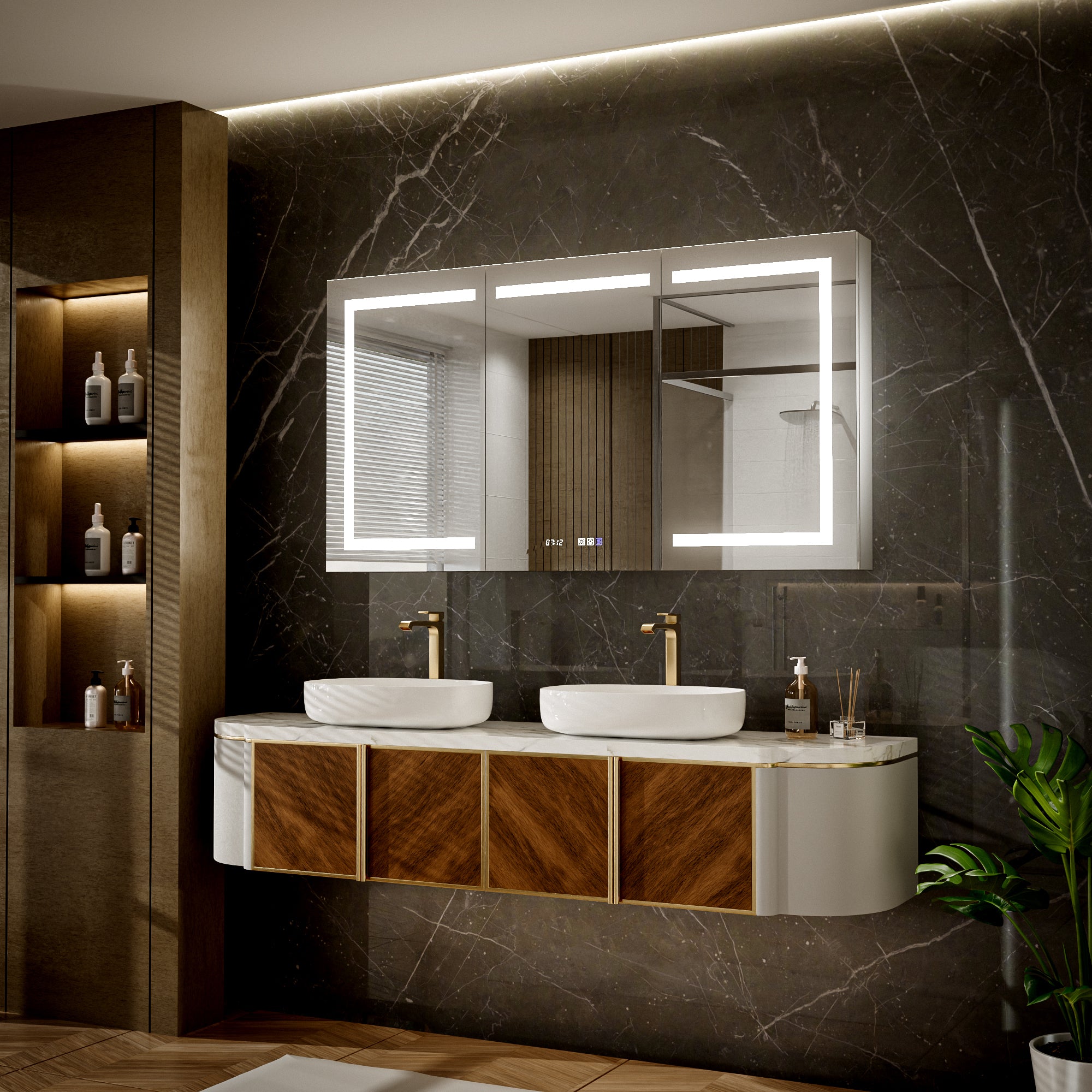 60'x32' Bathroom medicine cabinet with lights, Led bathroom mirror with storage, Adjustable Color Temperature & Brightness, Adjustable Shelves,Waterproof Wall-Mounted,Anti Fog,Time Display