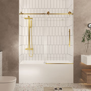Frameless shower door 56-60 'W x 60' H, 1/4 '(6 mm) Clear Tempered Glass, Explosion Proof Film, Stainless Steel Handle,Brushed Gold