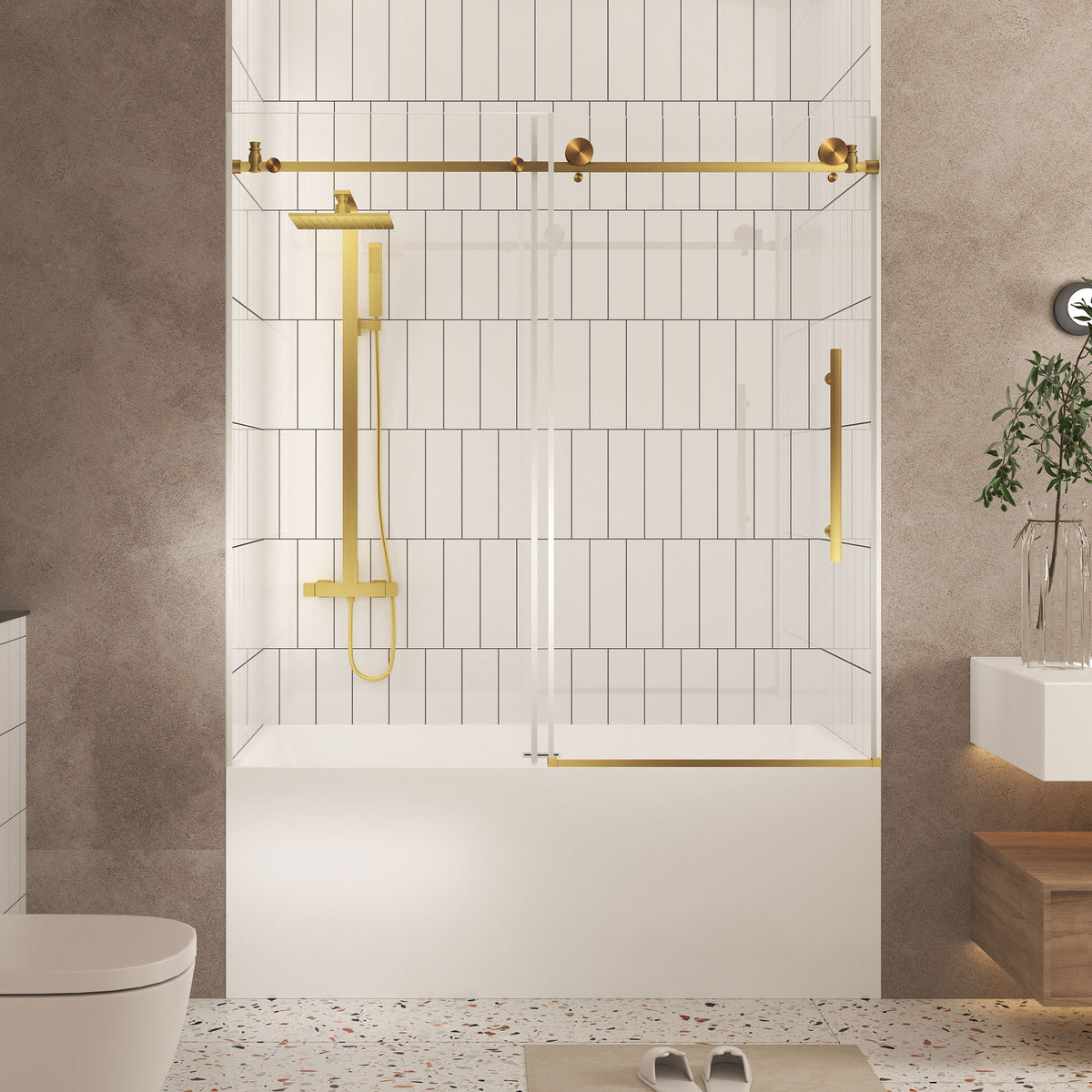 Frameless shower door 56-60 'W x 60' H, 1/4 '(6 mm) Clear Tempered Glass, Explosion Proof Film, Stainless Steel Handle,Brushed Gold