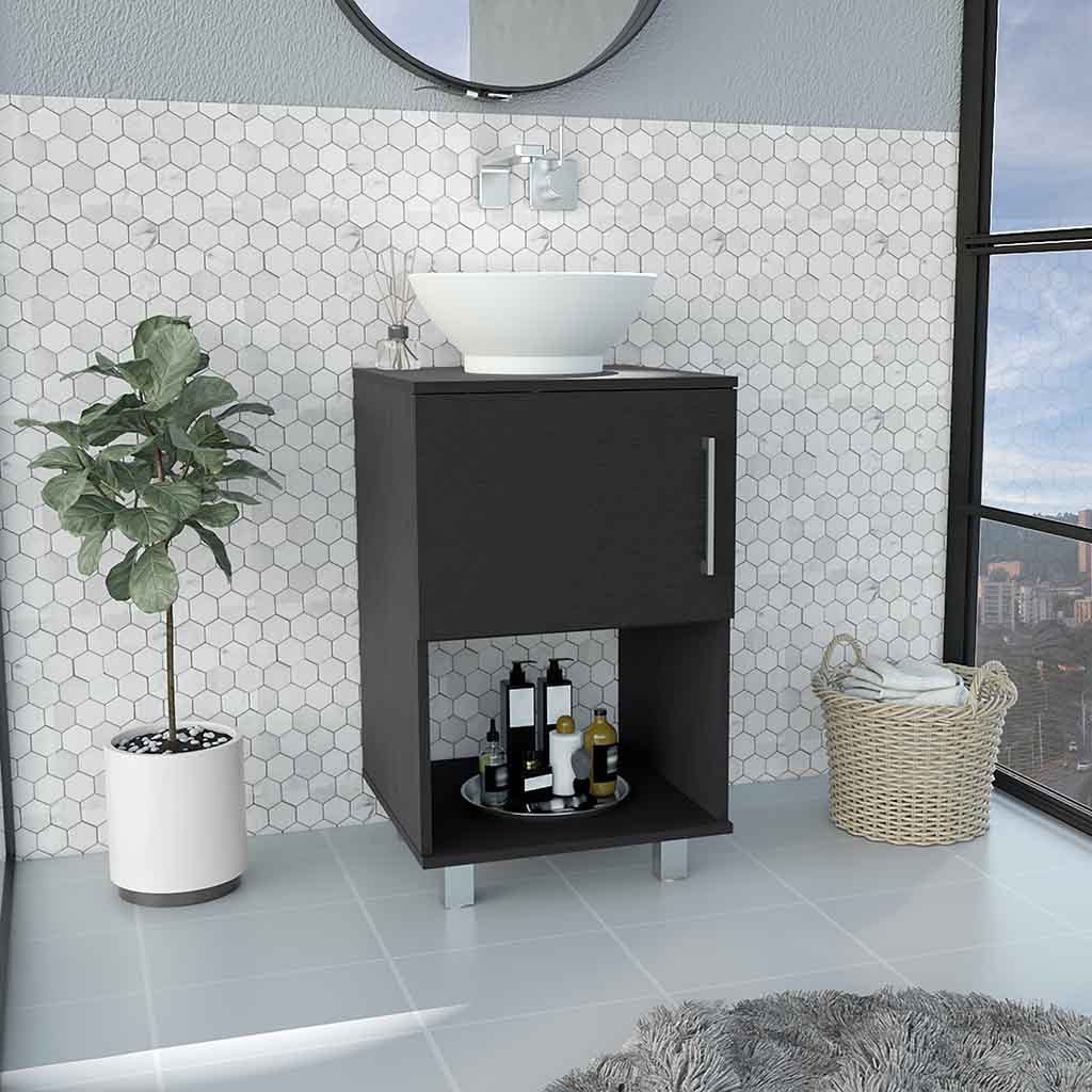 Single Bathroom Vanity with Sink, One Open Shelf, Single Door Cabinet, Black