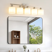 Brushed Nickel Bathroom Light Fixtures, 5-Light Modern Vanity Light Over Mirror, Wall Sconces with Milky White Frosted Glass Shades, E26 Socket (Bulbs Not Included)