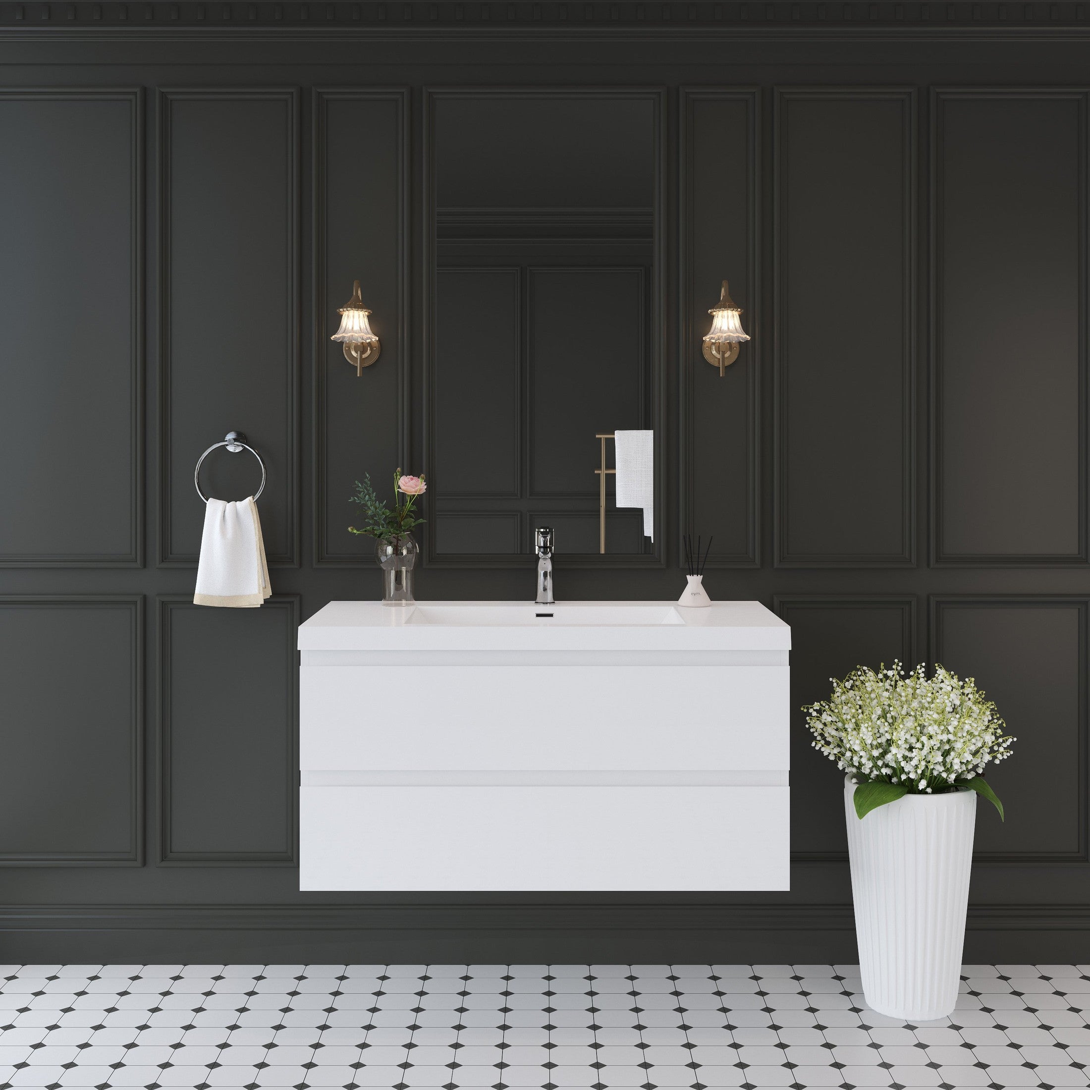 42' Floating Bathroom Vanity with Sink, Modern Wall-Mounted Bathroom Storage Vanity Cabinet with Solid Surface Top Basin and Soft Close Drawers, Glossy White 24V11-42GW
