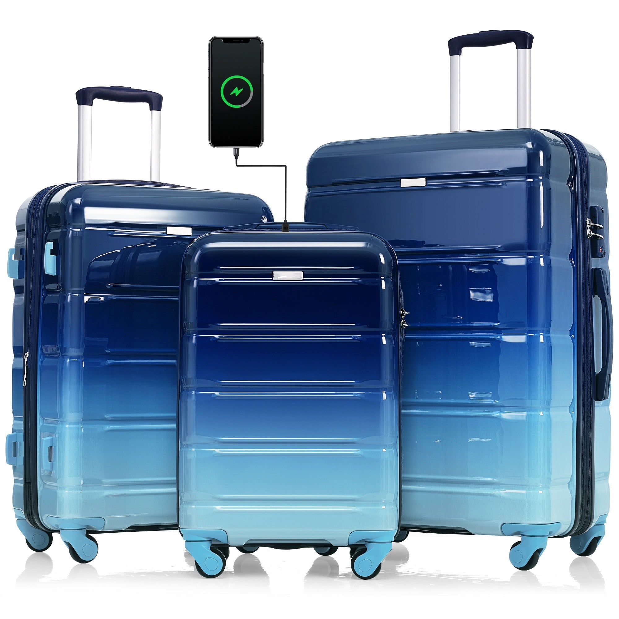 Luggage Set of 3, 20-inch with USB Port, Airline Certified Carry-on Luggage  , ABS+PC Hard Shell Luggage with Spinner Wheels, Gradient Blue