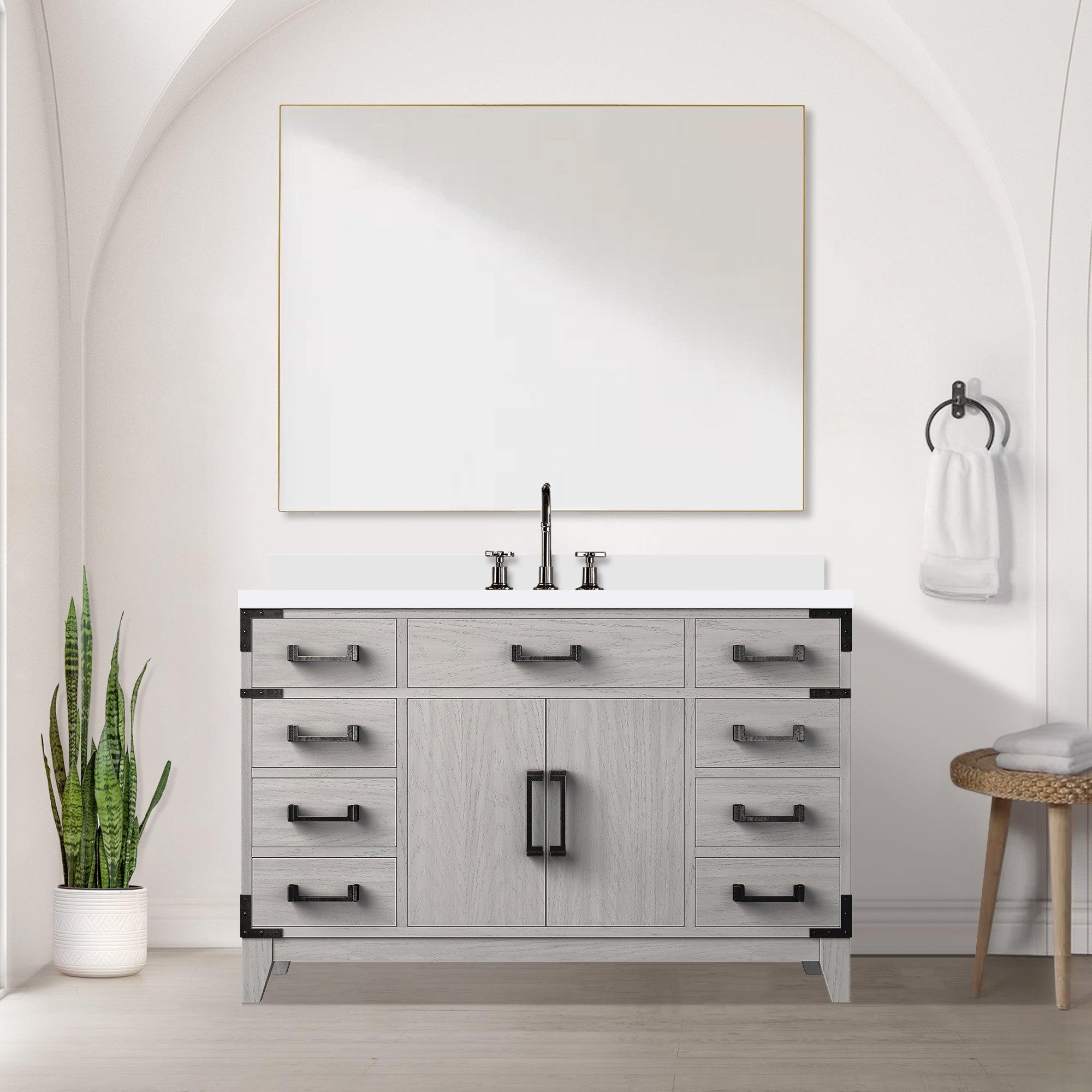 White Oak Single Bath Vanity 48 in. W x 22 in. D, with White Quartz Top